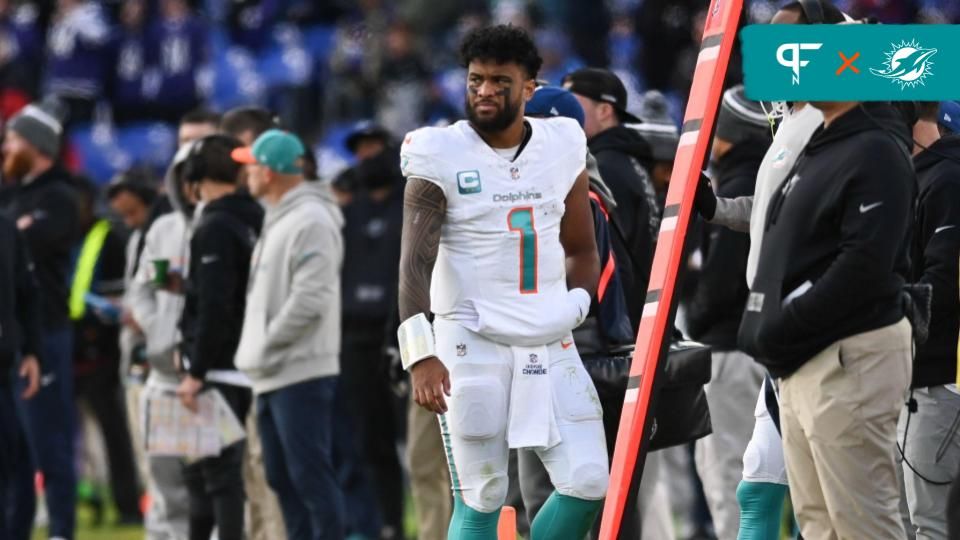 Miami Dolphins quarterback Tua Tagovailoa (1) walks down the sidelines during the second half against the Baltimore Ravens at M&T Bank Stadium. Baltimore Ravens defeated Miami Dolphins 56-19.