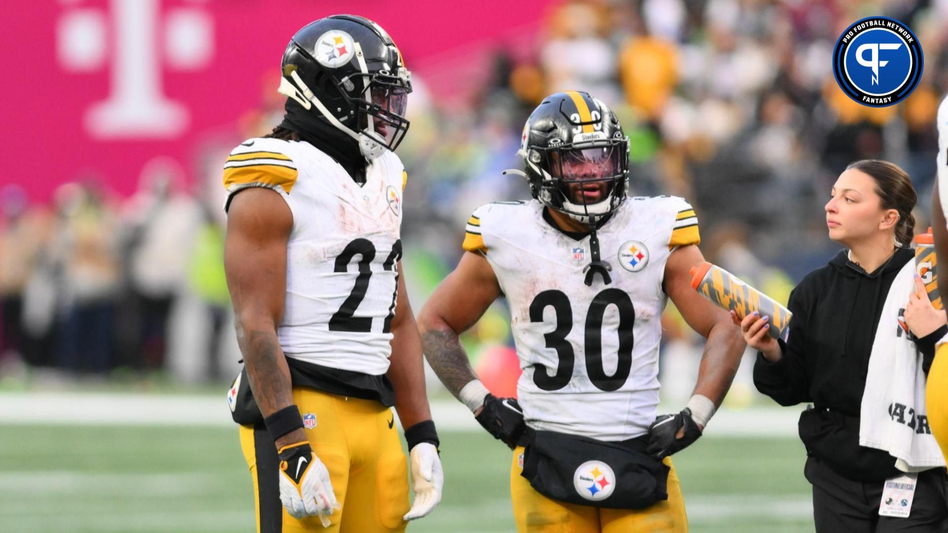 Pittsburgh Steelers running back Najee Harris (22) and Pittsburgh Steelers running back Jaylen Warren (30) during the second half against the Seattle Seahawks at Lumen Field.