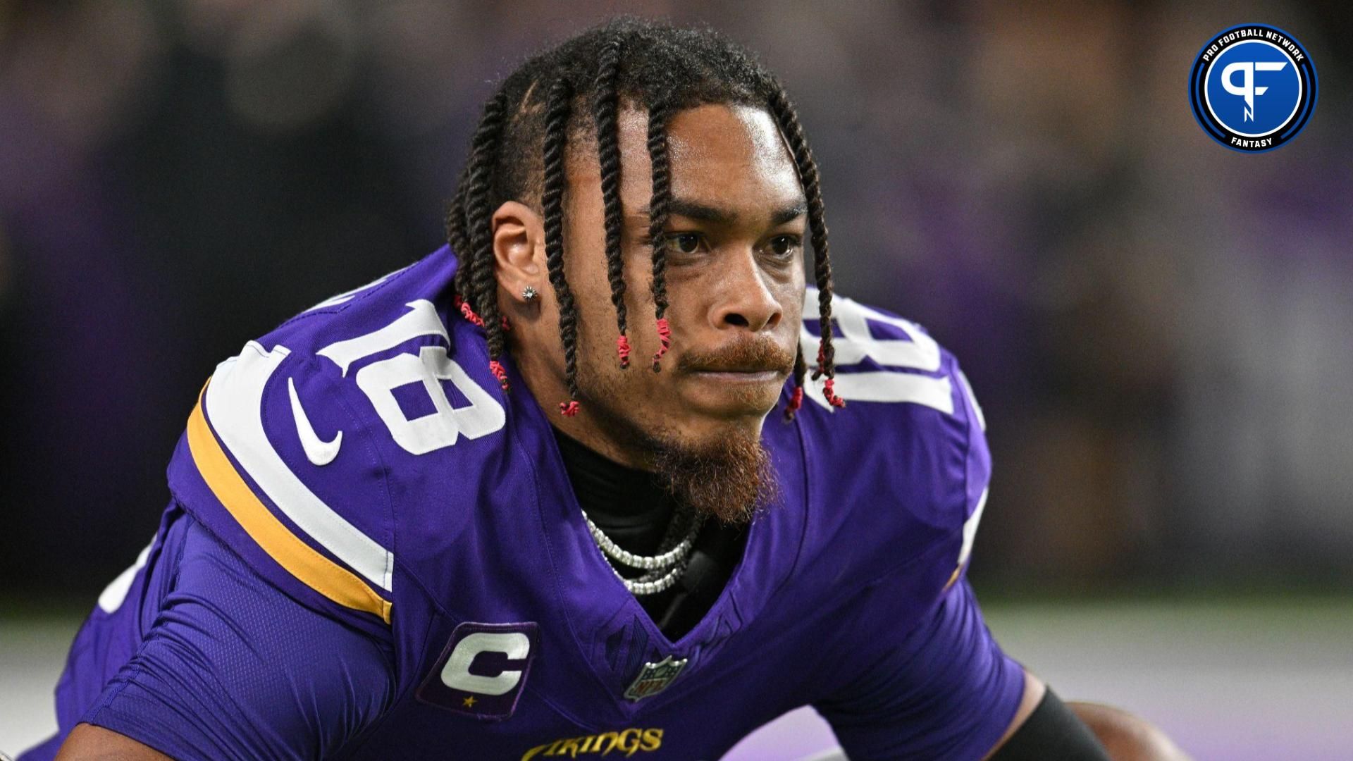 Minnesota Vikings wide receiver Justin Jefferson (18) looks on before the game against the Green Bay Packers at U.S. Bank Stadium.