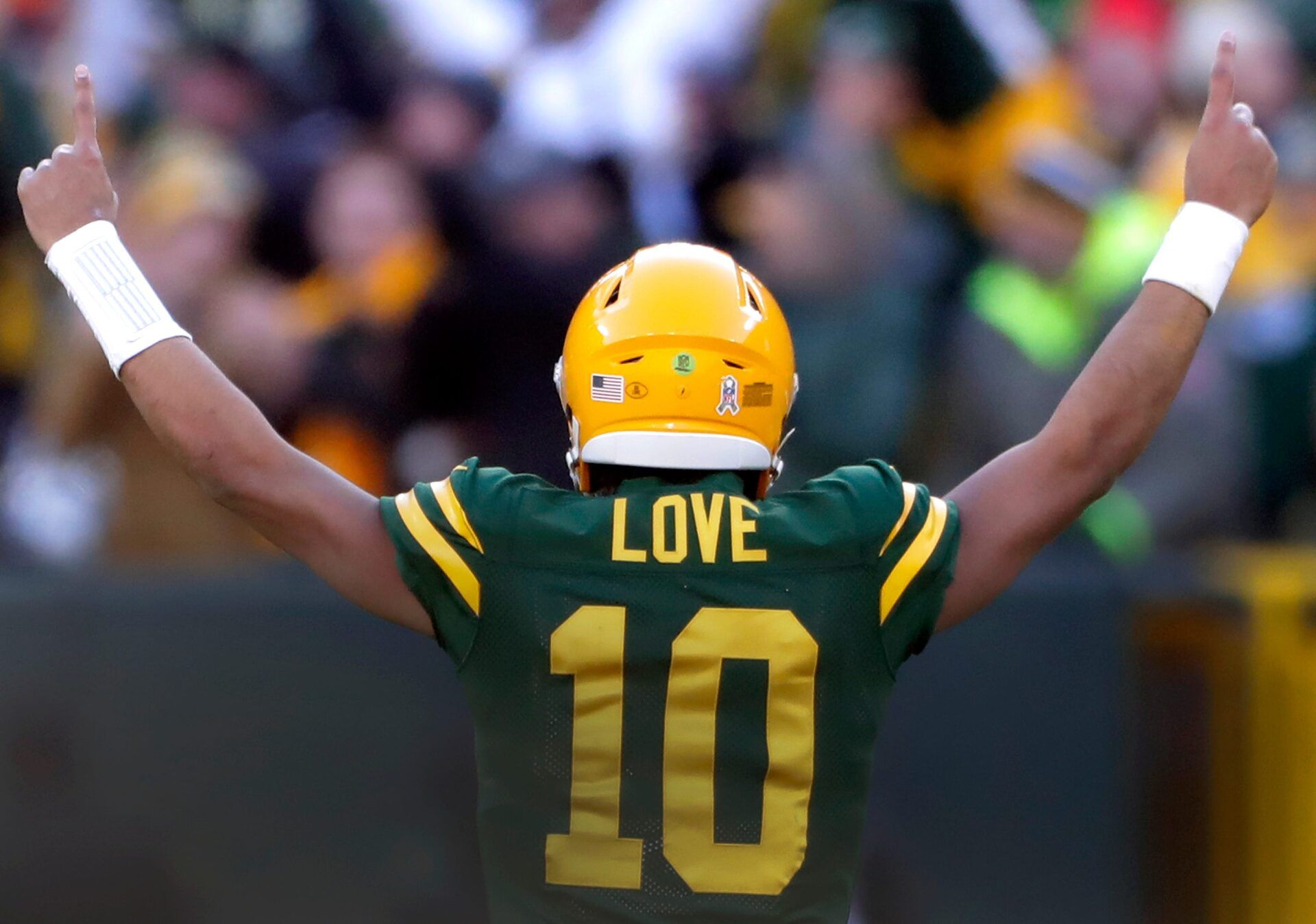 Green Bay Packers quarterback Jordan Love (10) reacts following a fourth quarter touchdown against the Los Angeles Chargers during their football game Sunday, November 19, 2023, at Lambeau Field in Green Bay, Wis.