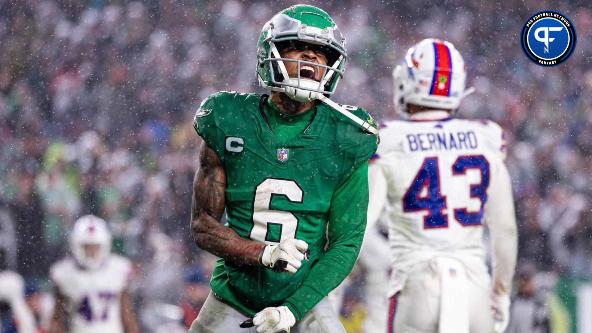 Philadelphia Eagles wide receiver DeVonta Smith (6) reacts after his touchdown catch against the Buffalo Bills during the fourth quarter at Lincoln Financial Field.