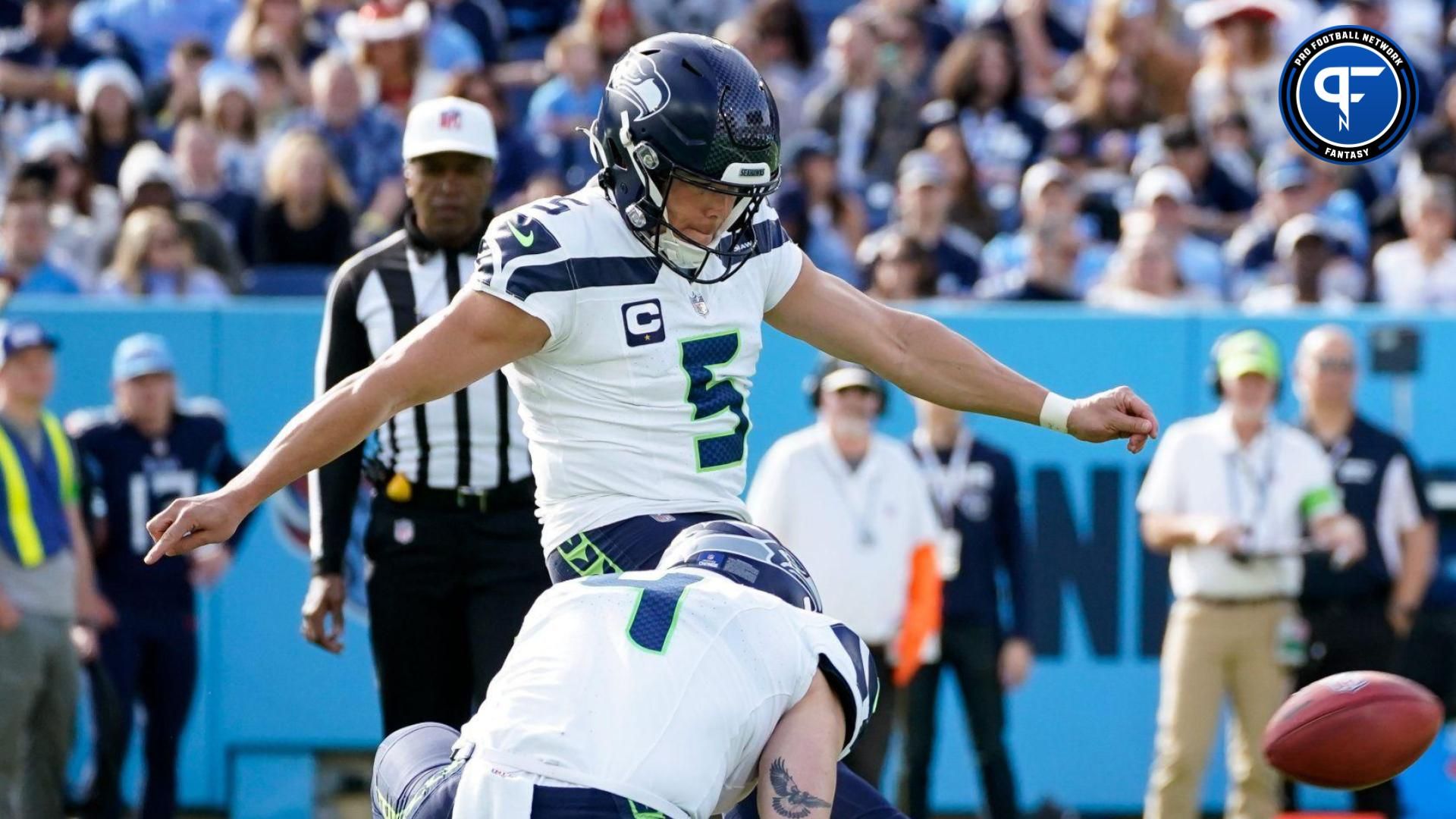 Seattle Seahawks place kicker Jason Myers (5) kicks a field goal against the Tennessee Titans during the second quarter at Nissan Stadium in Nashville, Tenn., Sunday, Dec. 24, 2023.