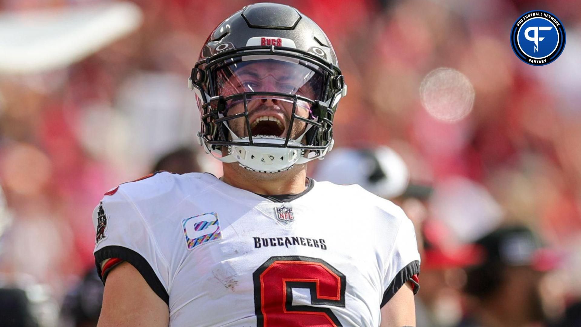 Tampa Bay Buccaneers quarterback Baker Mayfield (6) reacts after a run against the Atlanta Falcon in the fourth quarter at Raymond James Stadium.