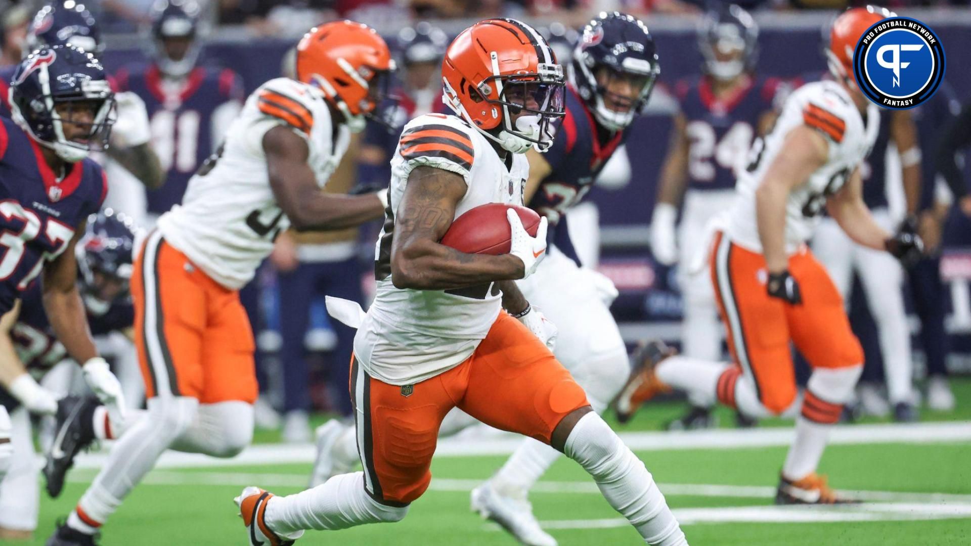 Cleveland Browns running back Pierre Strong Jr. (20) runs with the ball on the opening kickoff during the first quarter against the Houston Texans at NRG Stadium.