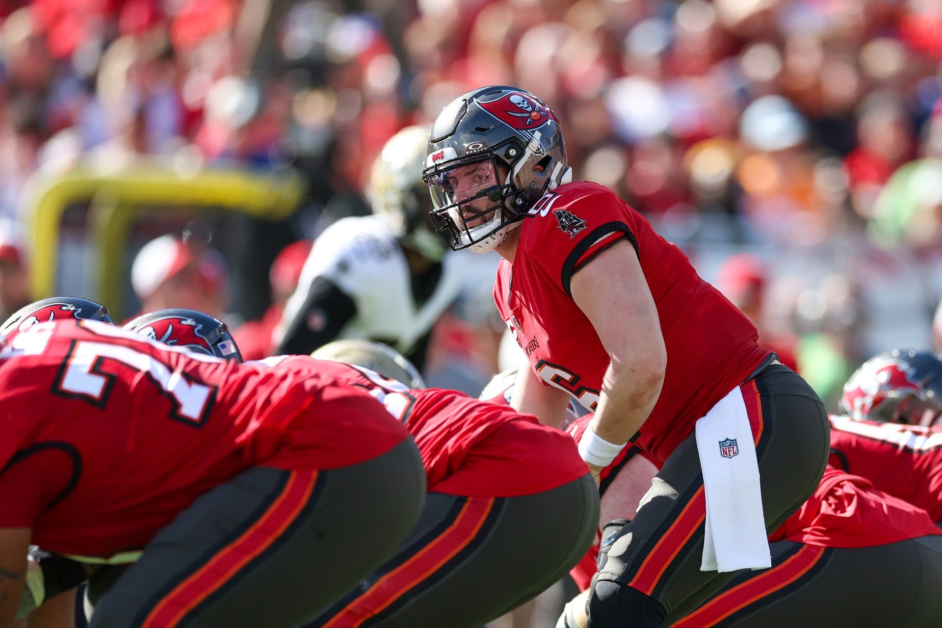 Tampa Bay Buccaneers quarterback Baker Mayfield (6) calls a play at the line against the New Orleans Saints in the second quarter at Raymond James Stadium.