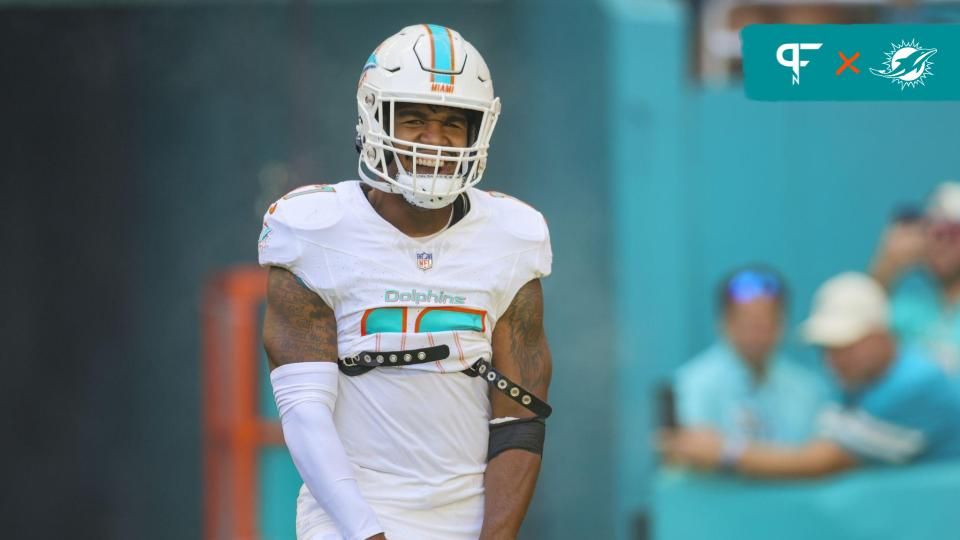 Miami Dolphins wide receiver Jaylen Waddle (17) reacts as he takes the enters the field prior to the game against the Carolina Panthers at Hard Rock Stadium.