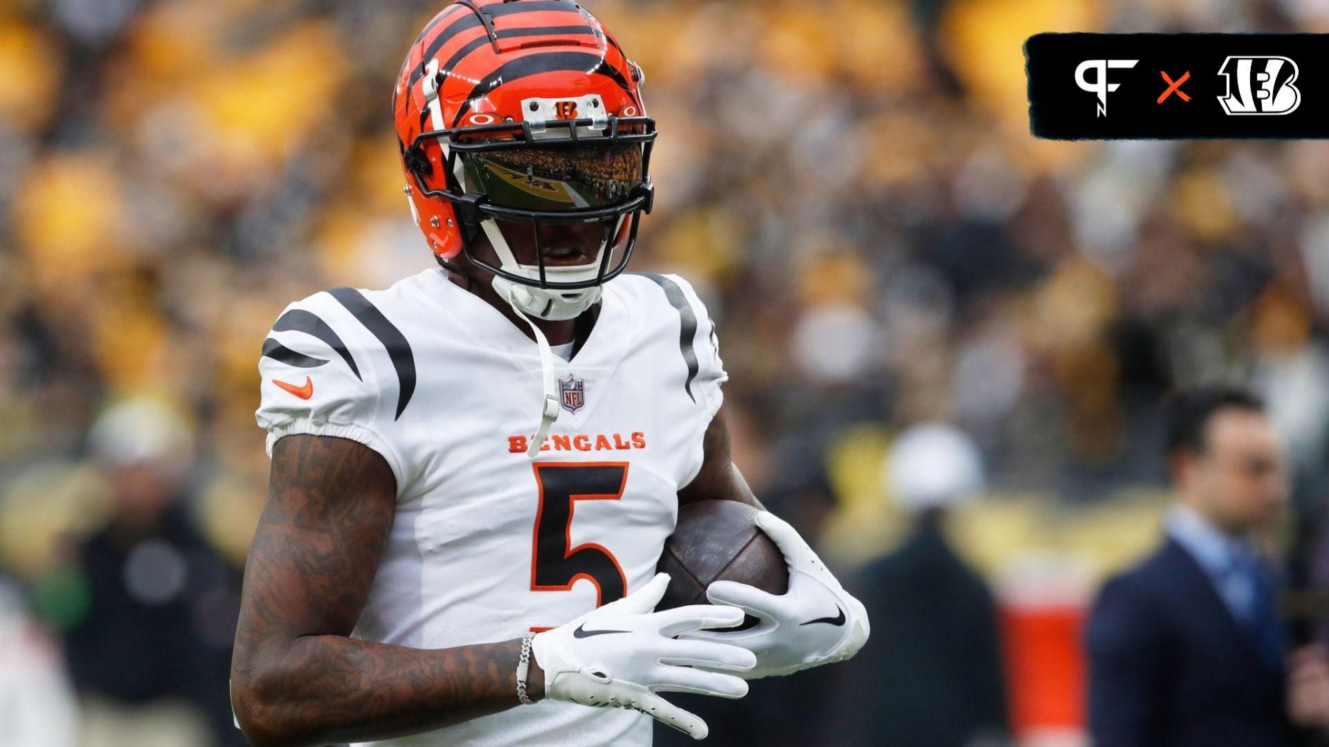 Cincinnati Bengals wide receiver Tee Higgins (5) warms up before the game against the Pittsburgh Steelers at Acrisure Stadium.