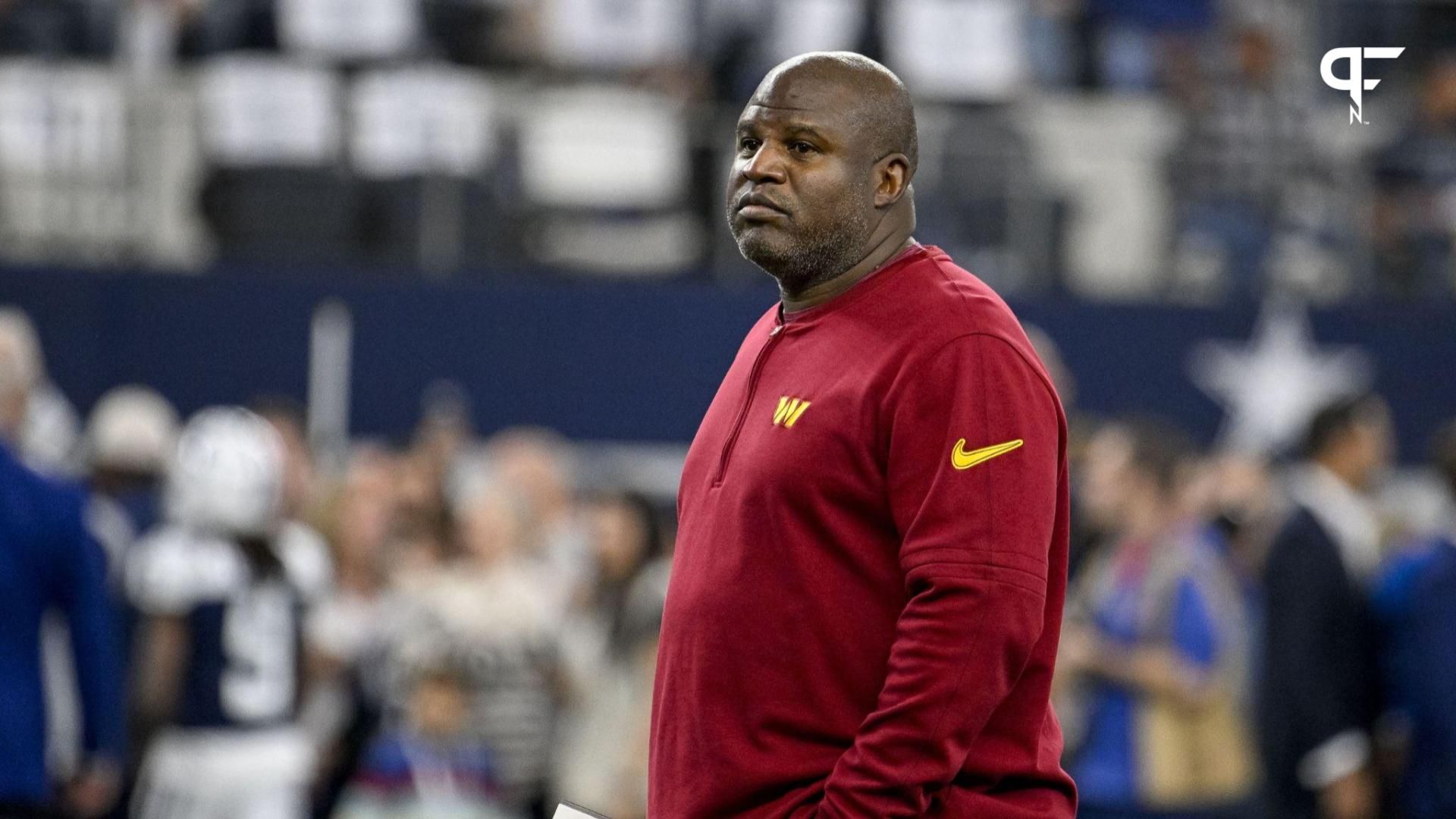 Washington Commanders offensive coordinator Eric Bieniemy before the game between the Dallas Cowboys and the Washington Commanders at AT&T Stadium.