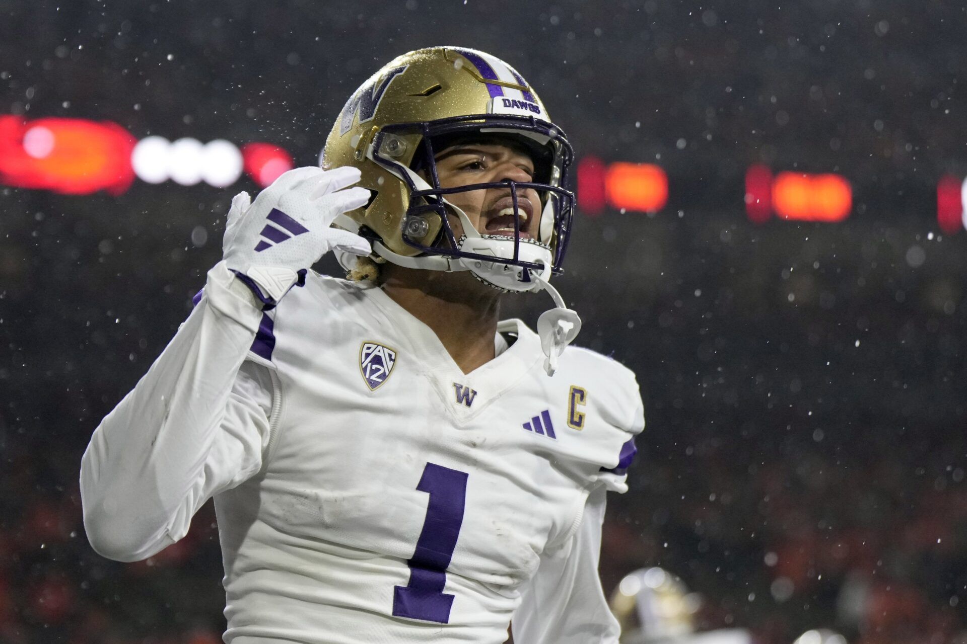 Washington Huskies wide receiver Rome Odunze (1) celebrates after scoring a touchdown during the first half against the Oregon State Beavers at Reser Stadium.