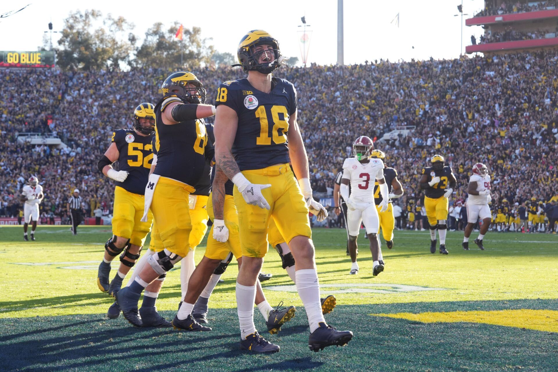 Michigan Wolverines tight end Colston Loveland (18) reacts after a Wolverines touchdown against the Alabama Crimson Tide during the first half in the 2024 Rose Bowl college football playoff semifinal game at Rose Bowl.