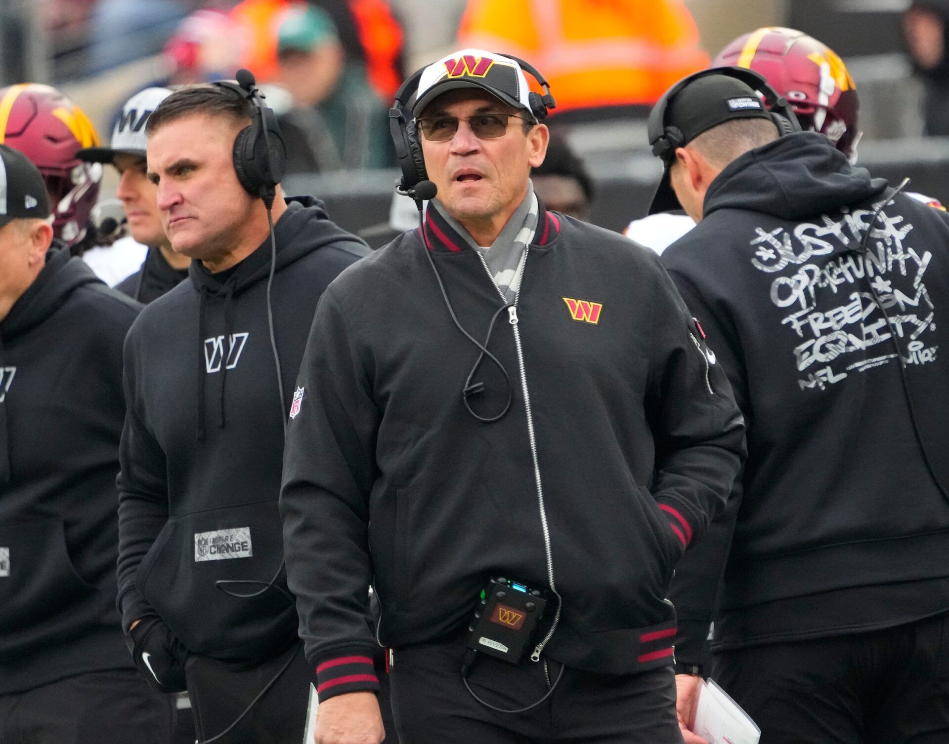 Washington Commanders head coach Ron Rivera against the New York Jets in the first half at MetLife Stadium.