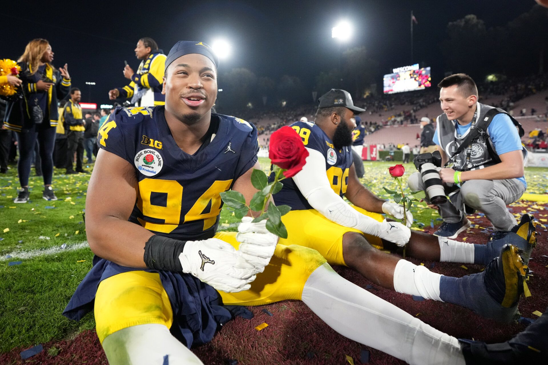 Michigan Wolverines defensive lineman Kris Jenkins (94) celebrates after defeating the Alabama Crimson Tide in the 2024 Rose Bowl college football playoff semifinal game at Rose Bowl.