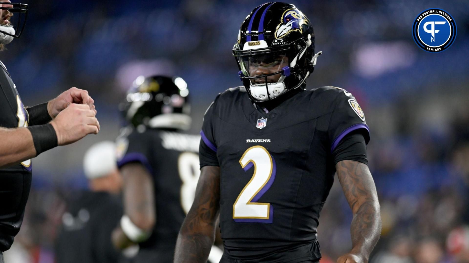 Baltimore Ravens quarterback Tyler Huntley (2) warms up before a game against the Cincinnati Bengals at M&T Bank Stadium.