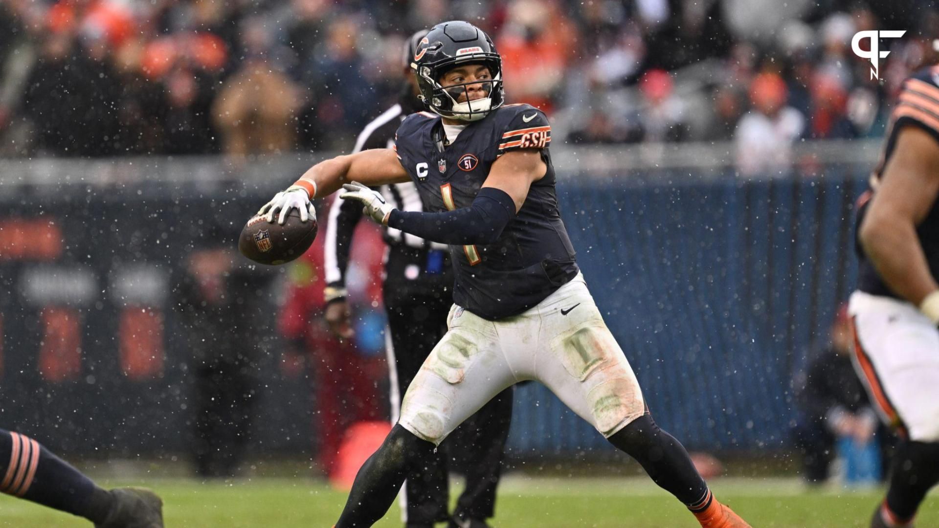 Chicago Bears quarterback Justin Fields (1) passes in the second half against the Atlanta Falcons at Soldier Field.