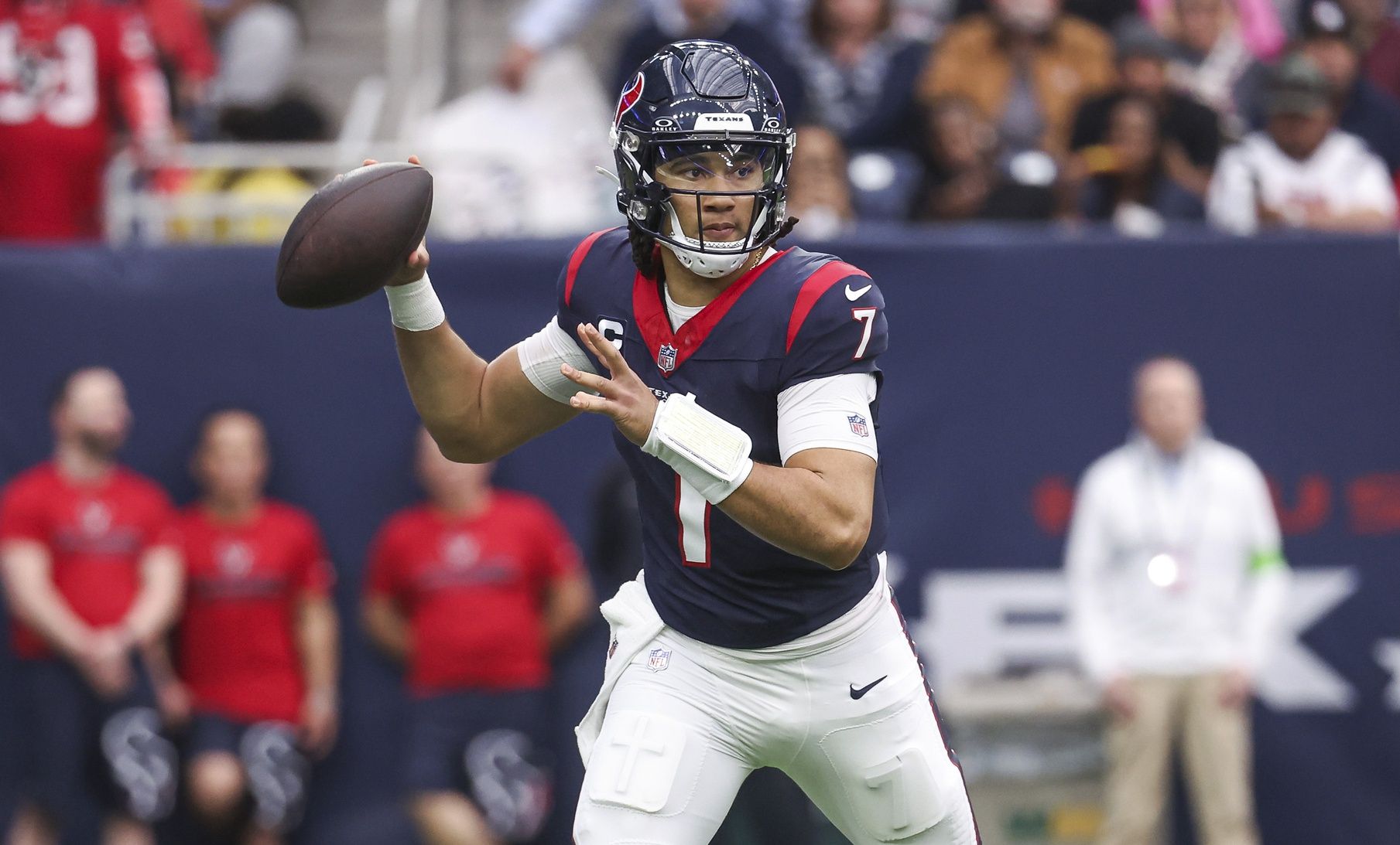 Houston Texans quarterback C.J. Stroud (7) attempts a pass during the third quarter against the Tennessee Titans at NRG Stadium.