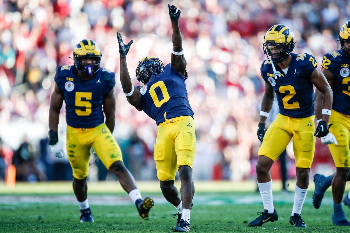 Michigan defensive back Mike Sainristil celebrates a play against Alabama during the first half of the Rose Bowl.