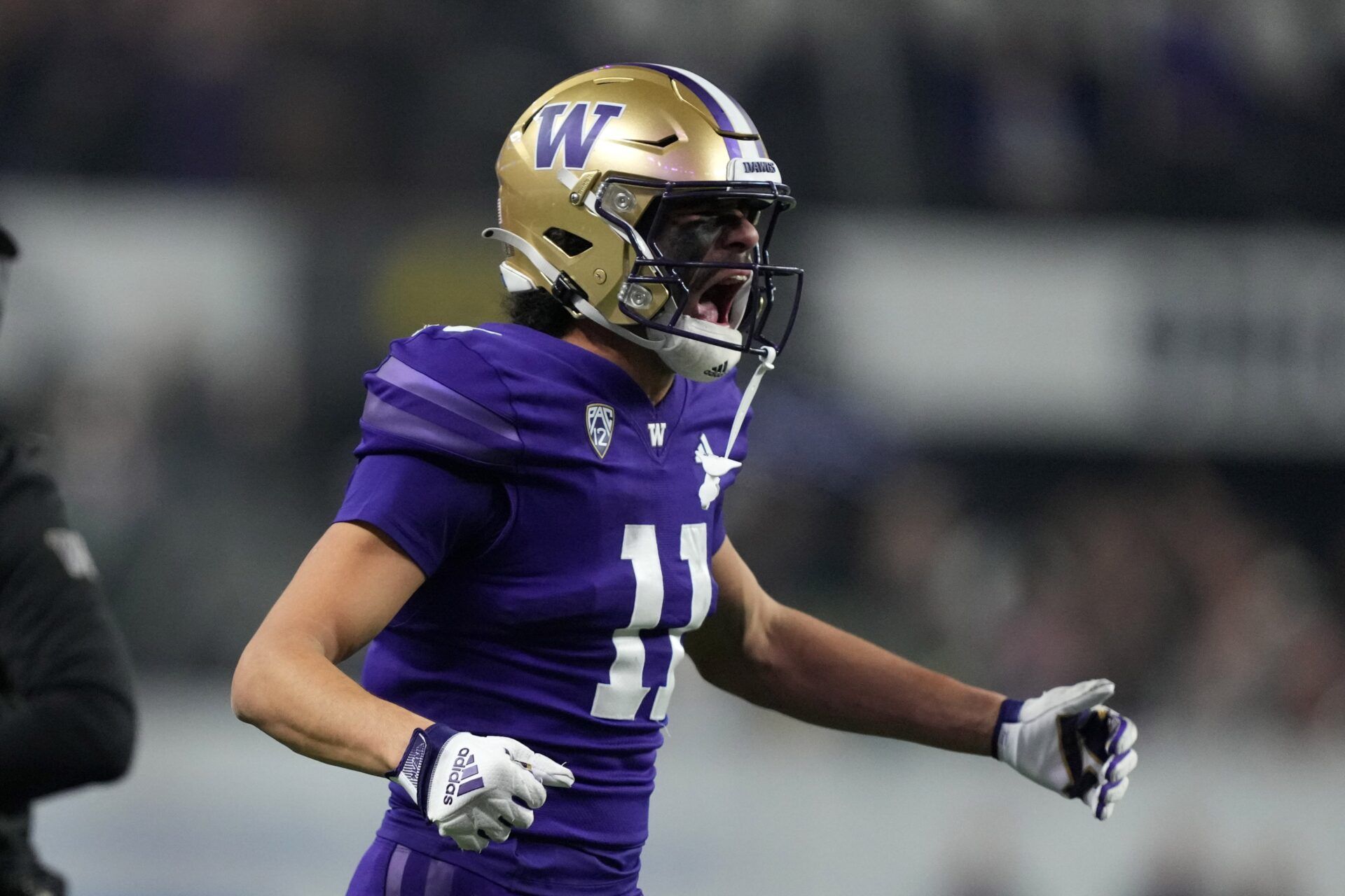 Washington Huskies wide receiver Jalen McMillan (11) celebrates after a touchdown against the Oregon Ducks in the first half at Allegiant Stadium.