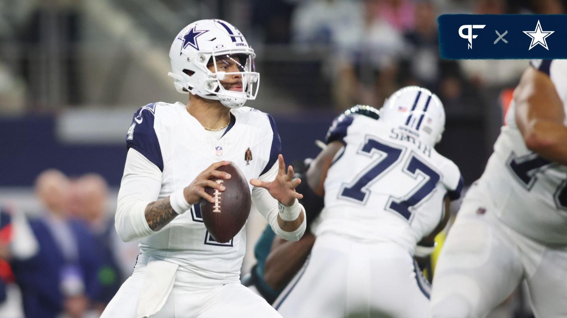 Dallas Cowboys quarterback Dak Prescott (4) throws a pass in the first quarter against the Philadelphia Eagles at AT&T Stadium.