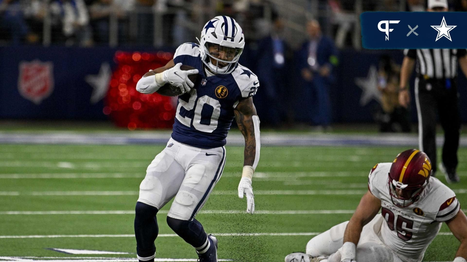 Dallas Cowboys running back Tony Pollard (20) in action during the game between the Dallas Cowboys and the Washington Commanders at AT&T Stadium.