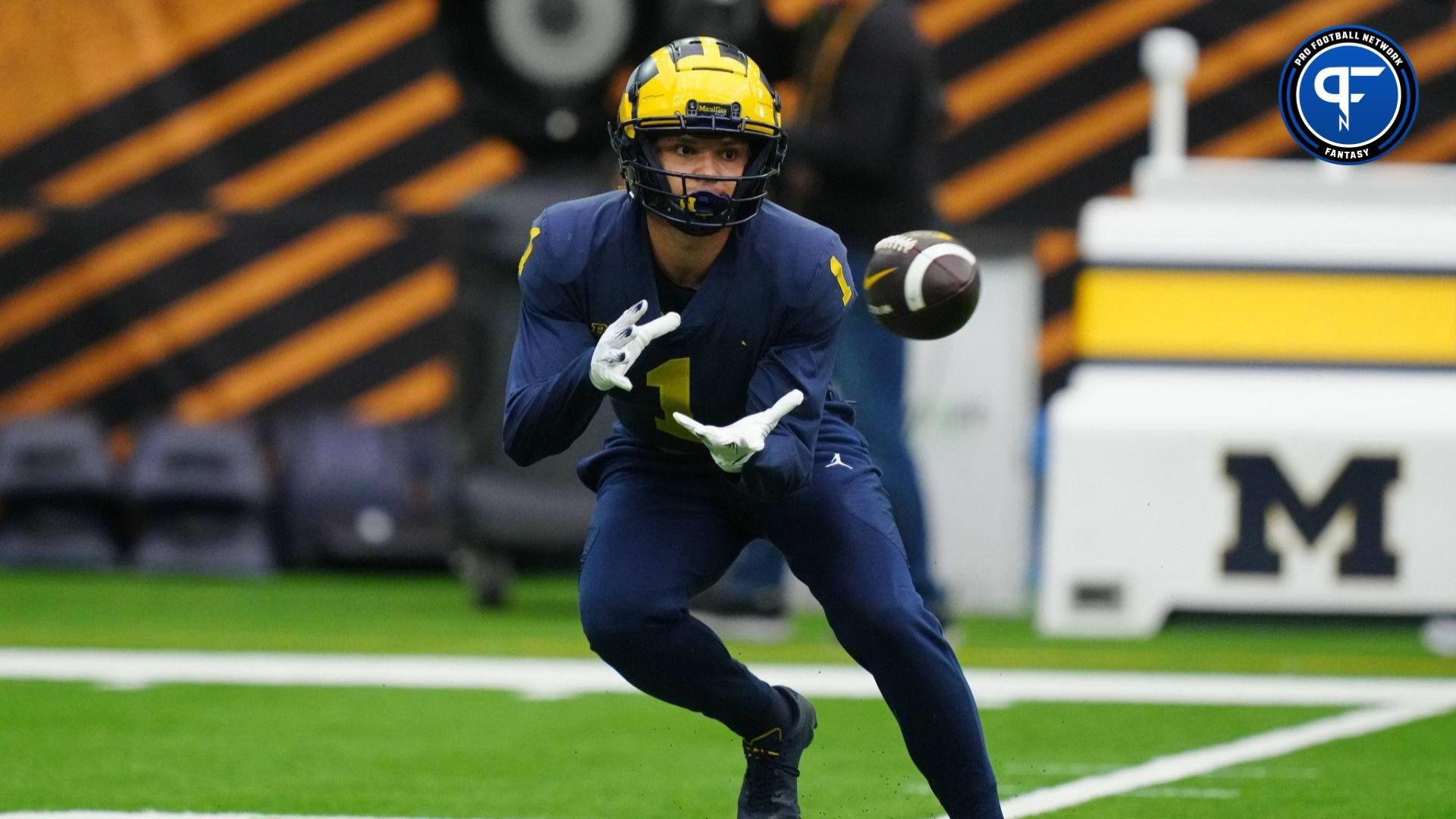 Michigan Wolverines wide receiver Roman Wilson (1) catches the ball during a practice session before the College Football Playoff national championship game against the Washington Huskies at NRG Stadium.