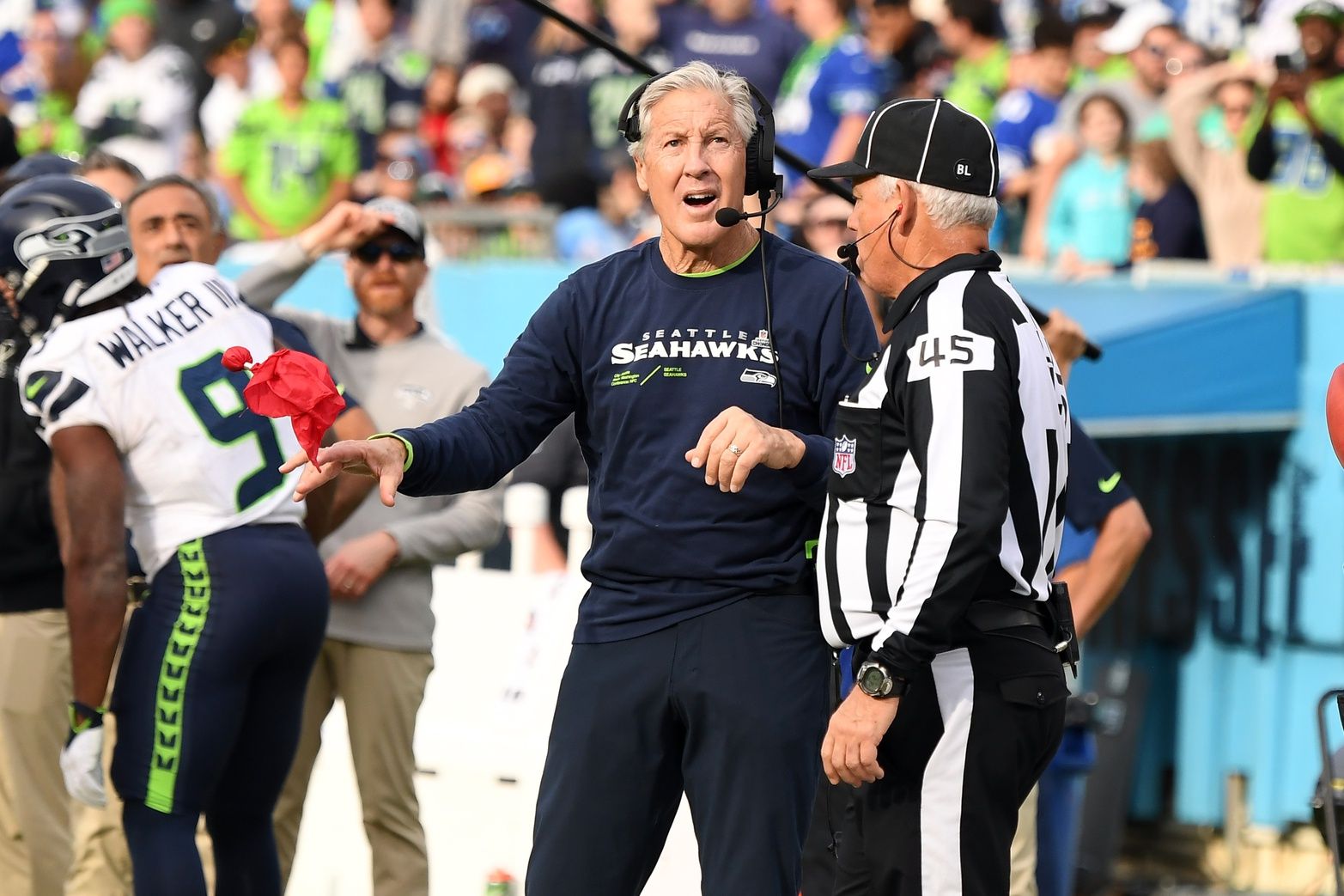 Seattle Seahawks head coach Pete Carroll challenges a play during the second half against the Tennessee Titans at Nissan Stadium.