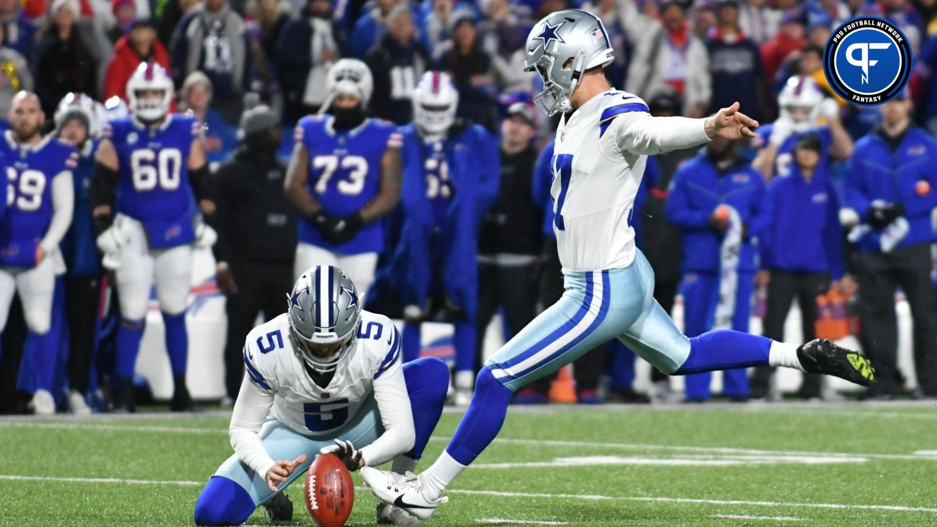 Dallas Cowboys place kicker Brandon Aubrey (17) kicks a field goal in the first half against the Buffalo Bills at Highmark Stadium.