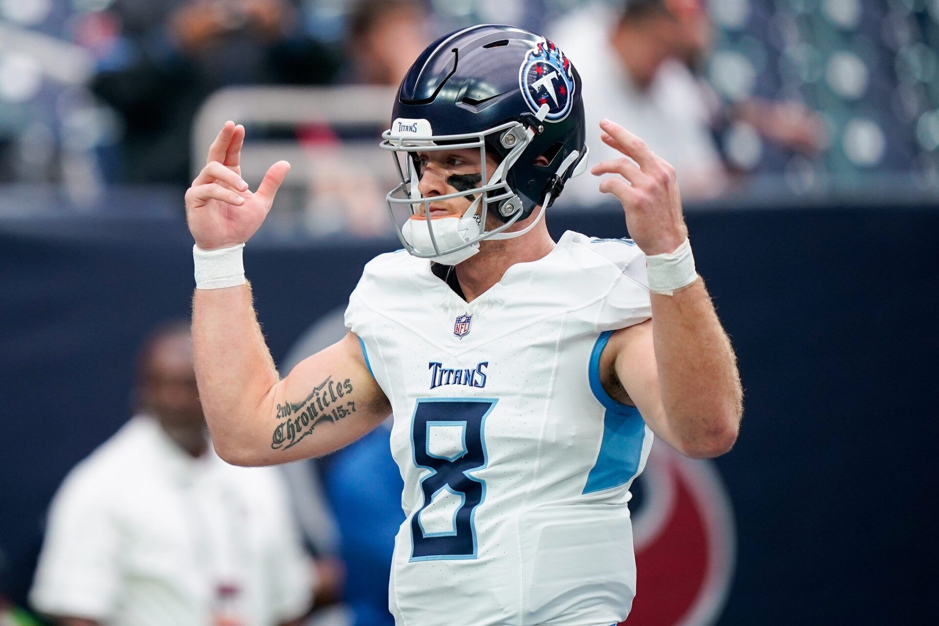 Tennessee Titans quarterback Will Levis (8) warms up before a game against the Houston Texans at NRG Stadium.