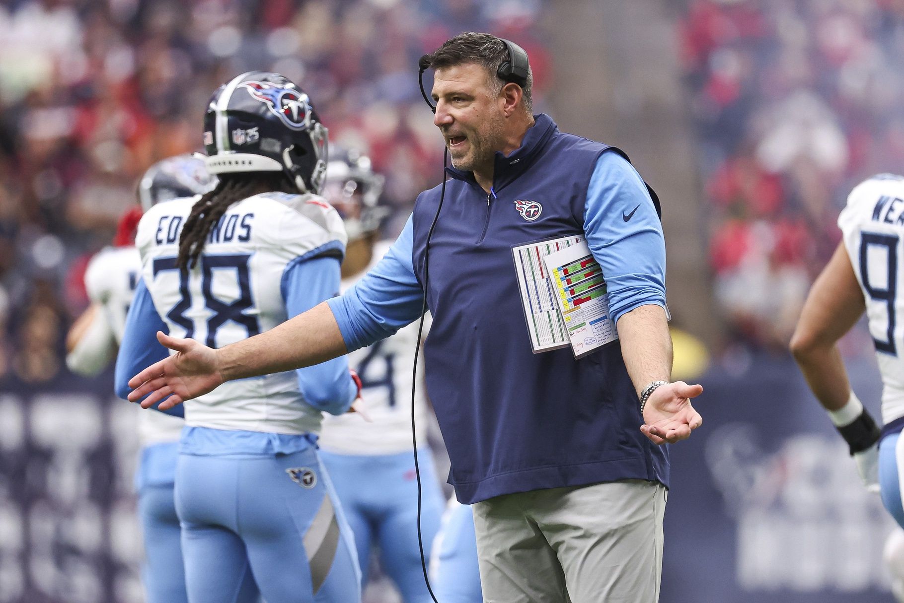 Tennessee Titans head coach Mike Vrabel reacts after a play during the first quarter against the Houston Texans at NRG Stadium.