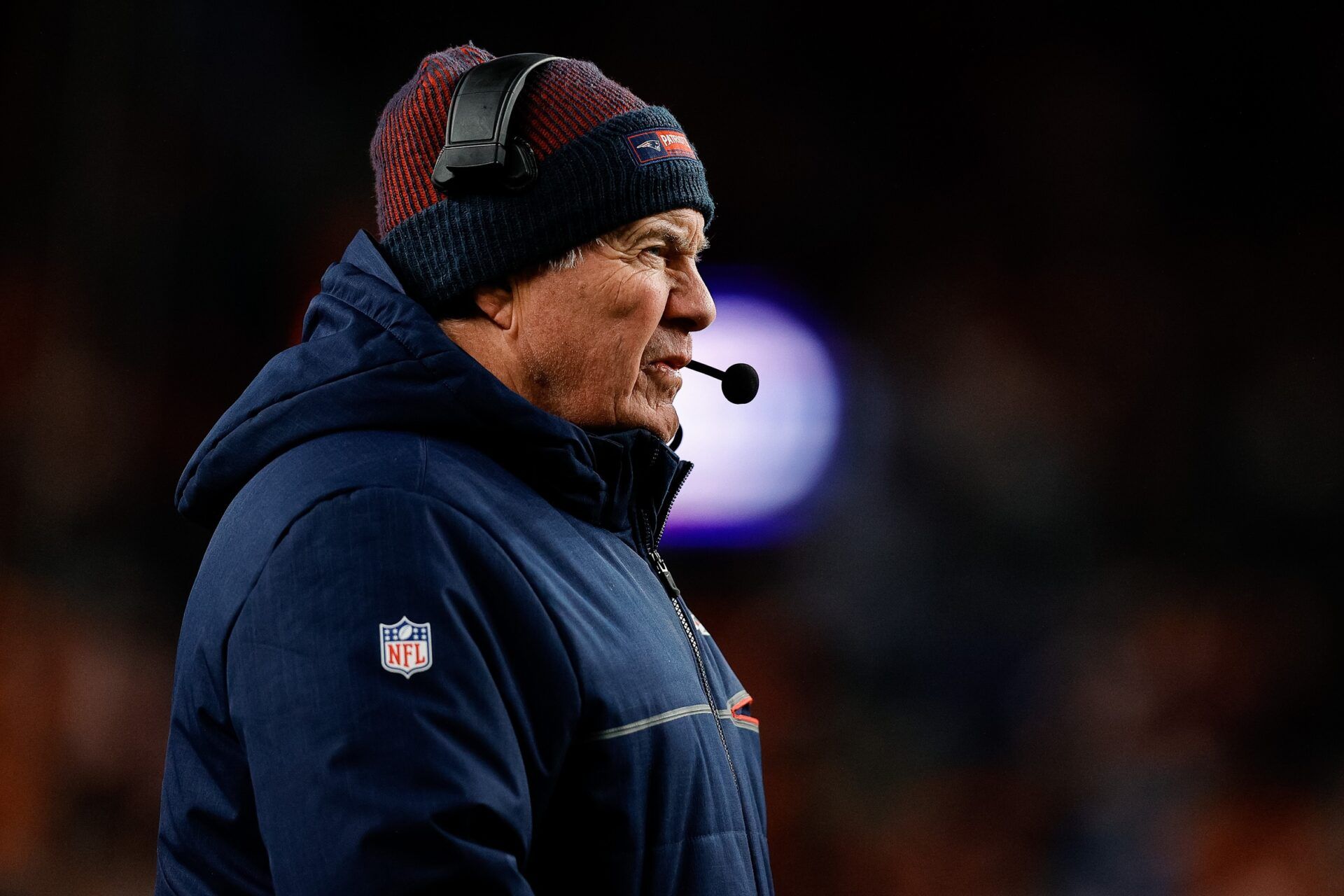 New England Patriots head coach Bill Belichick on the sidelines during the team's game against the Denver Broncos.