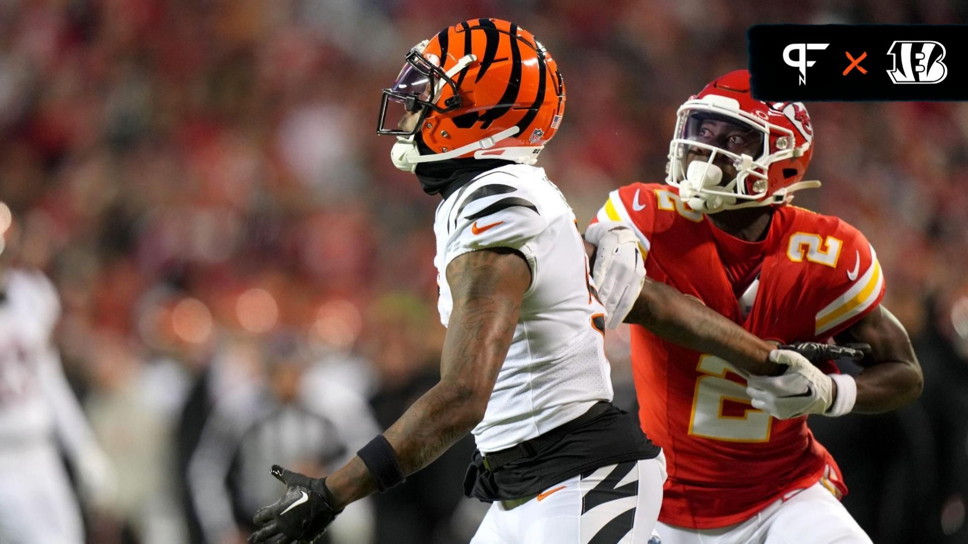 Kansas City Chiefs cornerback Joshua Williams (2) grabs the arm of Cincinnati Bengals wide receiver Tee Higgins (5) on a deep pass in the third quarter during a Week 17 NFL football game between the Cincinnati Bengals and the Kansas City Chiefs, Sunday, Dec. 31, 2023, at GEHA Field at Arrowhead Stadium.