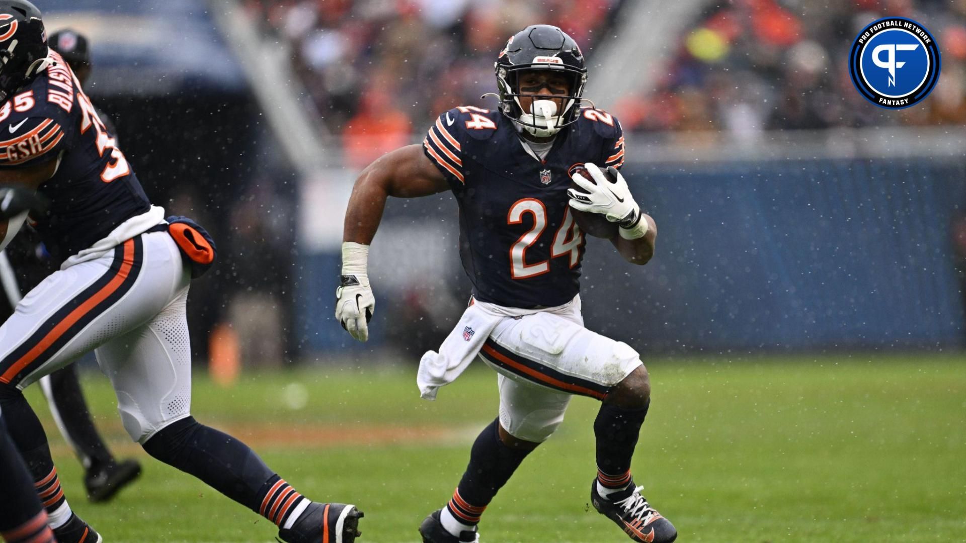 Chicago Bears running back Khalil Herbert (24) gets outside to pick up a first down in the first half against the Atlanta Falcons at Soldier Field.