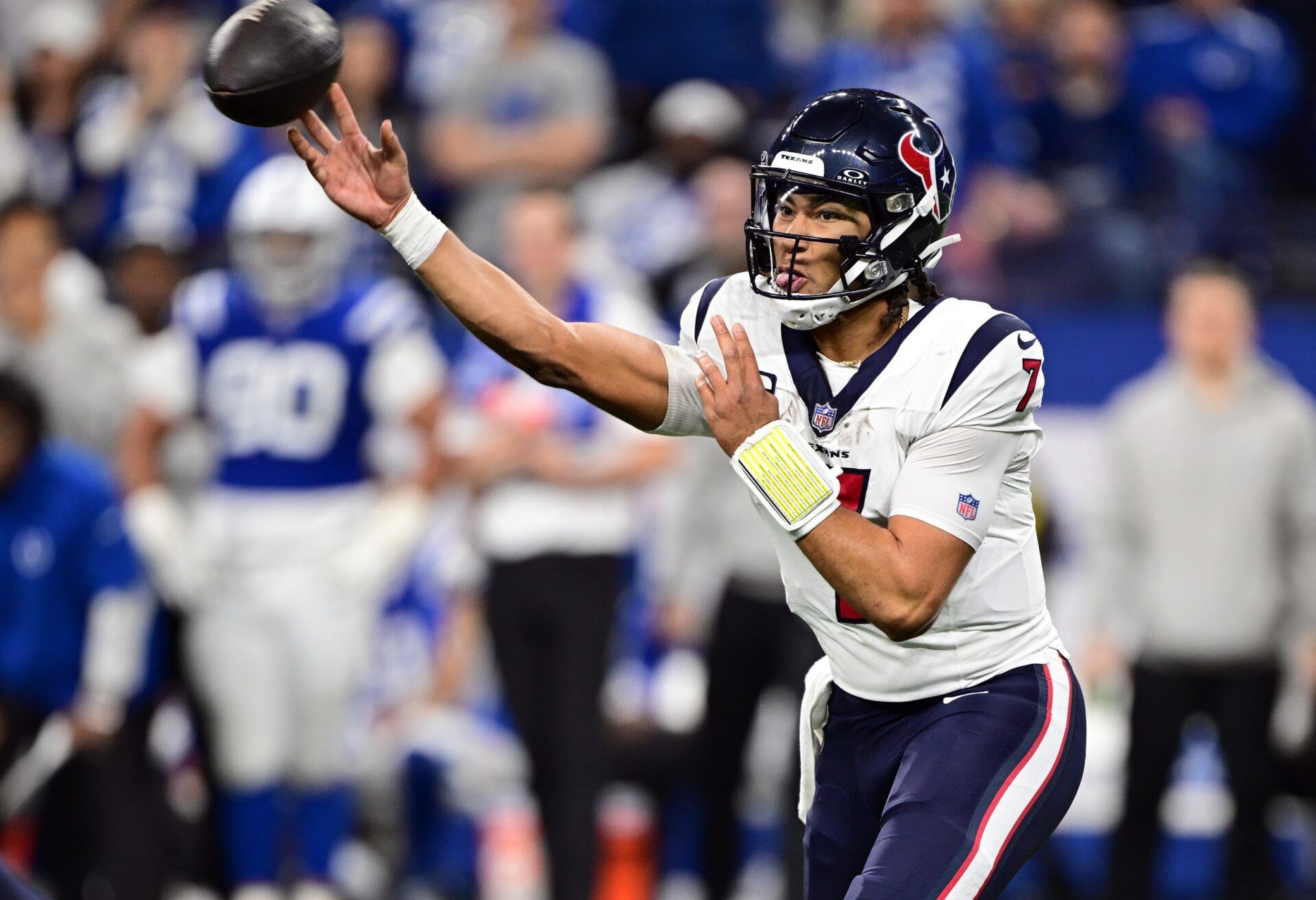 Houston Texans quarterback C.J. Stroud (7) throws a pass against the Indianapolis Colts during the second half at Lucas Oil Stadium.