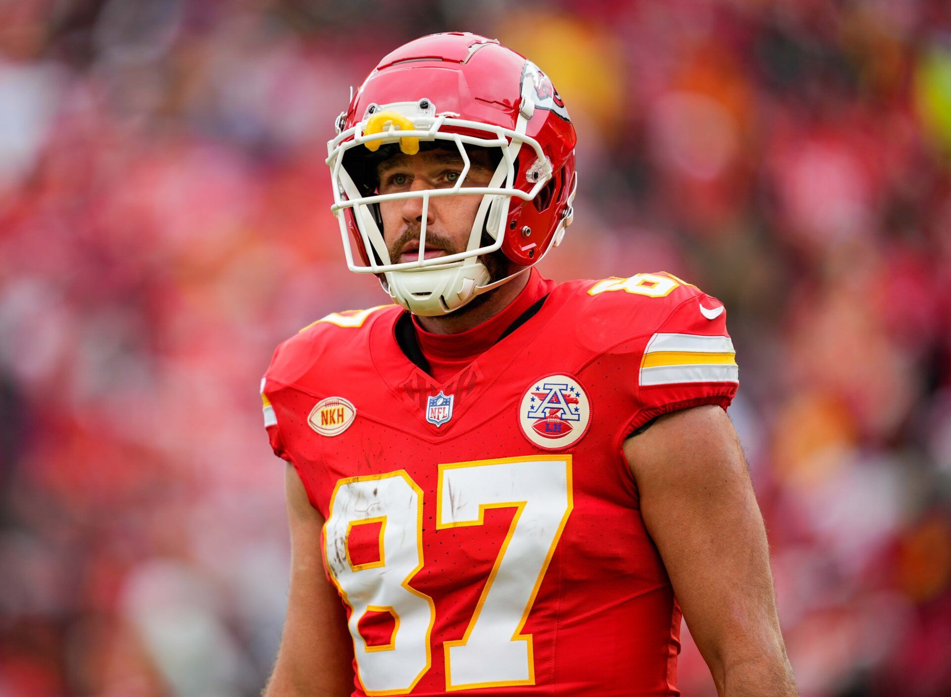 Kansas City Chiefs tight end Travis Kelce (87) walks off the field during the first half against the Las Vegas Raiders at GEHA Field at Arrowhead Stadium.