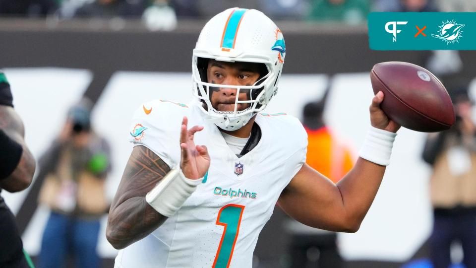 Miami Dolphins quarterback Tua Tagovailoa (1) throws a pass during the game against the New York Jets at MetLife Stadium.
