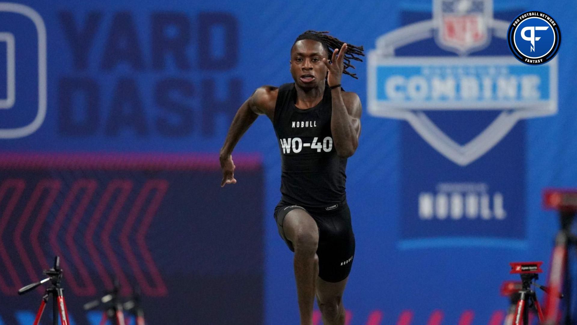 Texas wide receiver Xavier Worthy (WO40) ran an official time of 4.21 seconds to set a combine record during the 2024 NFL Combine at Lucas Oil Stadium.