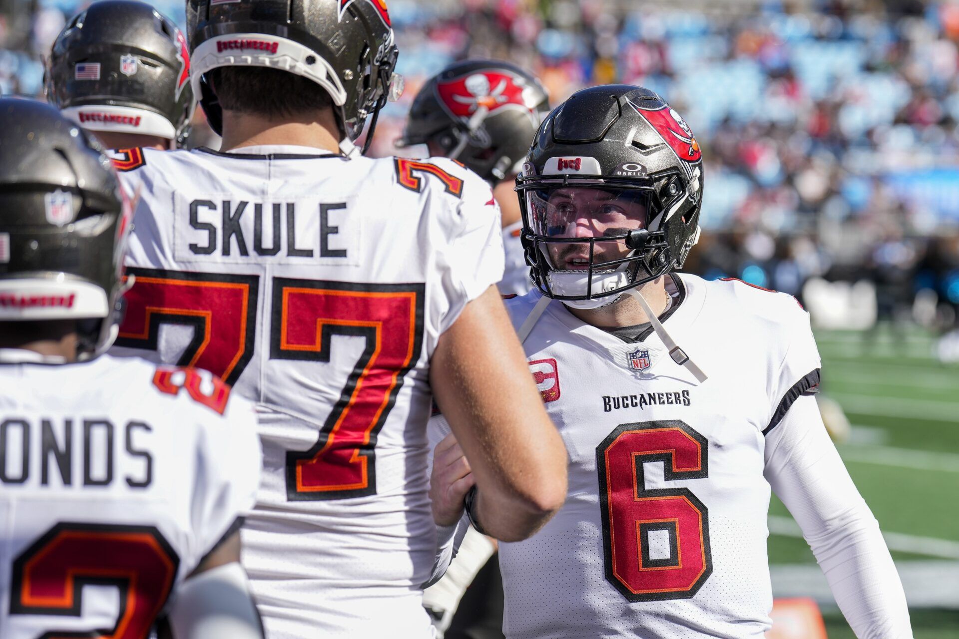 Tampa Bay Buccaneers quarterback Baker Mayfield (6) readies to lead his team onto the field against the Carolina Panthers during the first quarter at Bank of America Stadium.