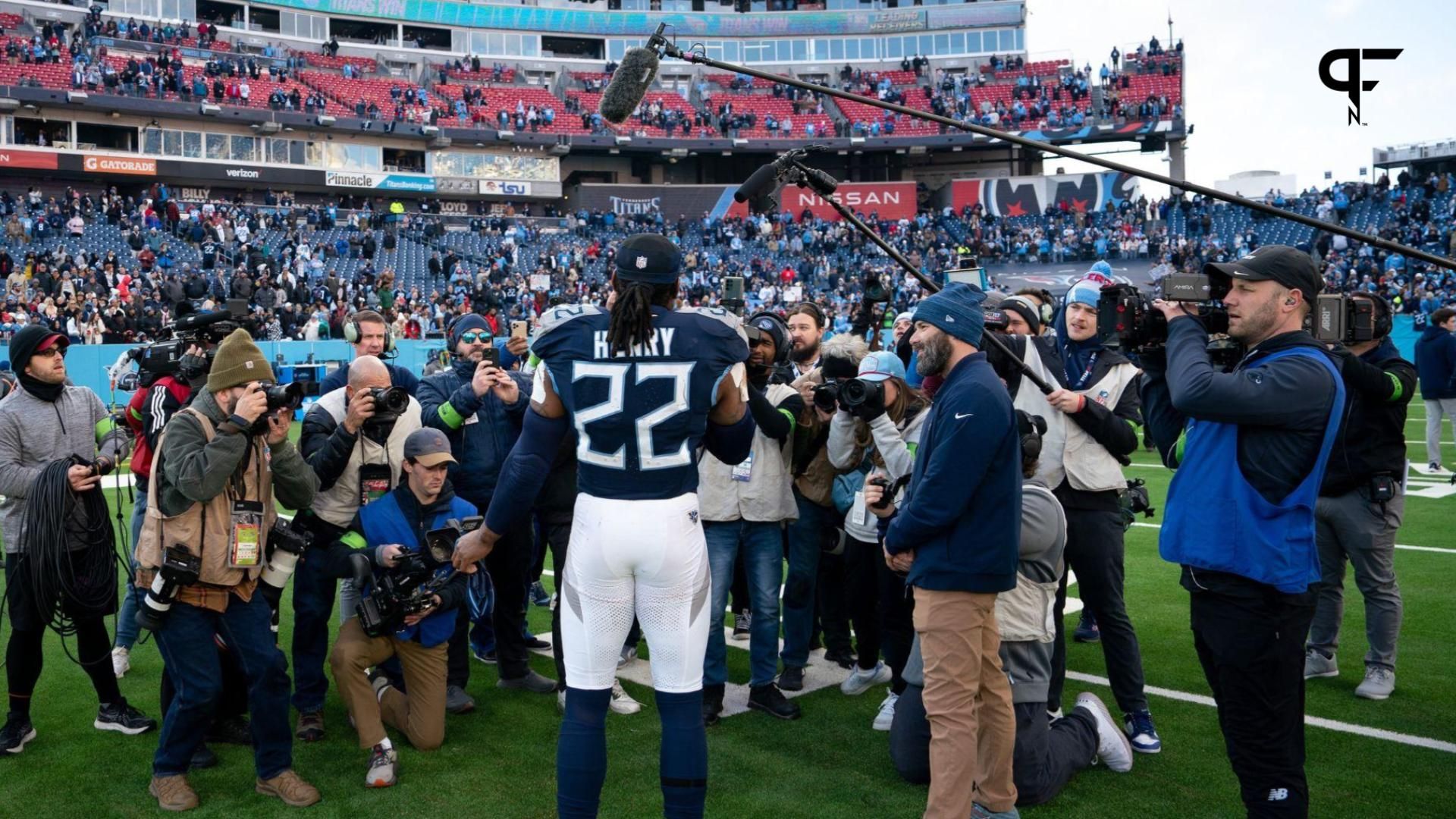 Tennessee Titans running back Derrick Henry (22) addresses the fans after what may be his last game as a Titans player after their game at Nissan Stadium in Nashville, Tenn., Sunday, Jan. 7, 2024. The Titans beat the Jaguars 28-20 to knock them out of the playoffs.