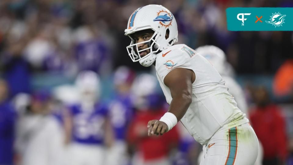 Miami Dolphins quarterback Tua Tagovailoa (1) looks on prior to a play against the Buffalo Bills during the first quarter at Hard Rock Stadium.