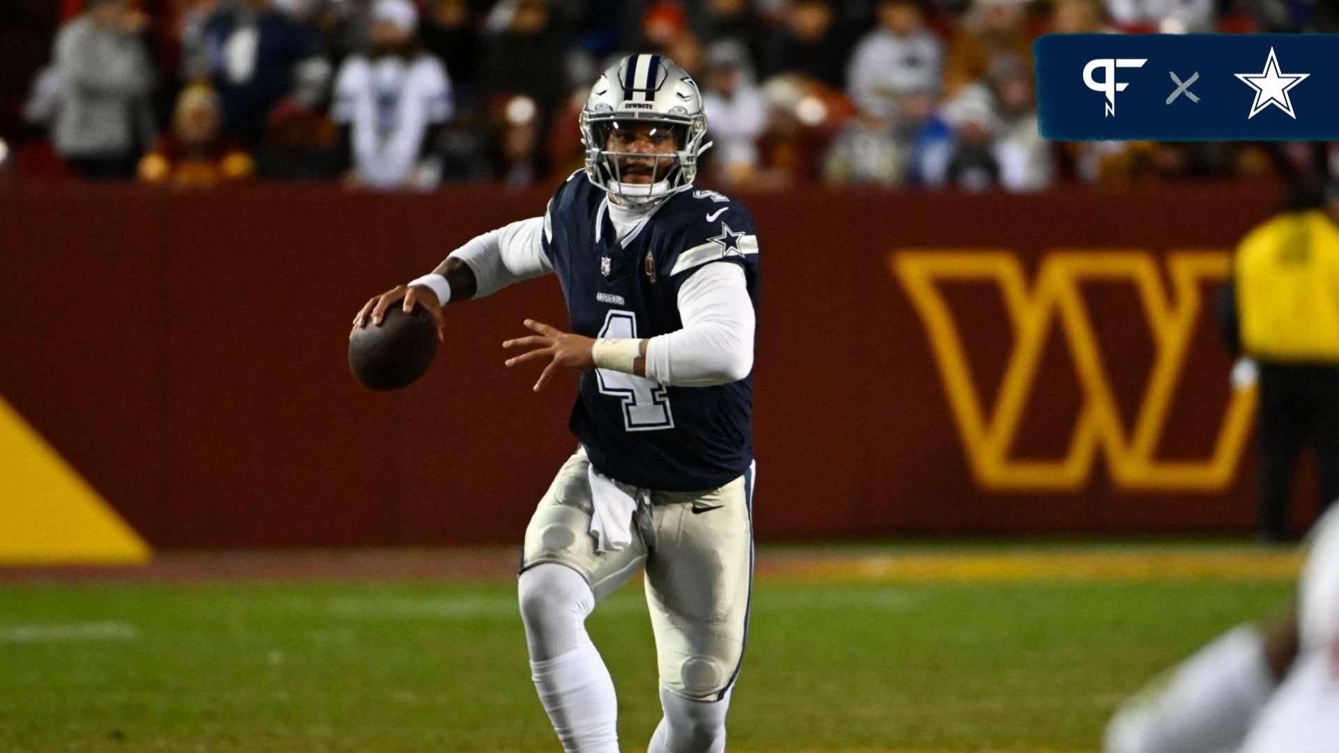 Dallas Cowboys quarterback Dak Prescott (4) looks to pass against the Washington Commanders during the second half at FedExField.