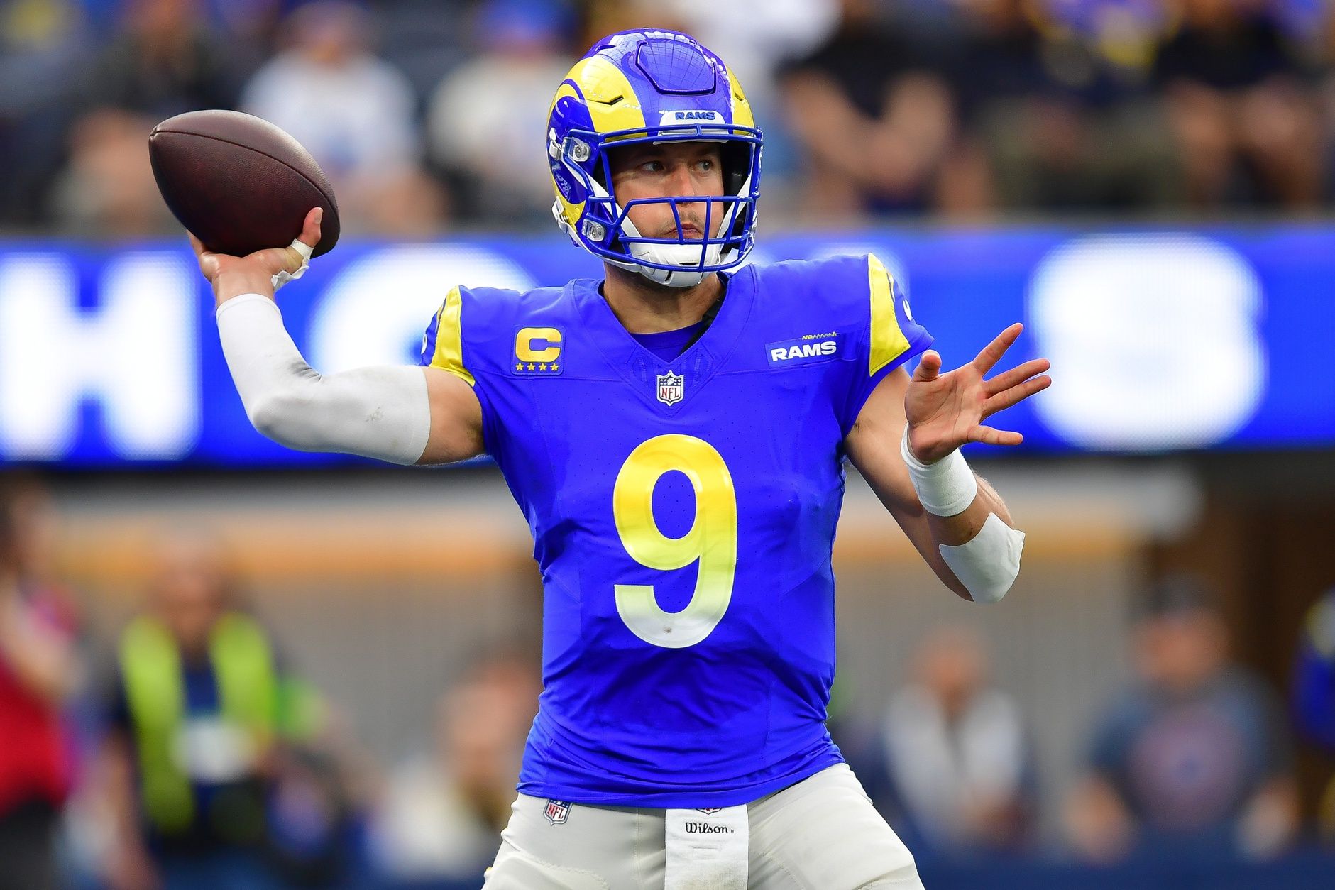 Los Angeles Rams quarterback Matthew Stafford (9) throws against the Washington Commanders during the first half at SoFi Stadium.