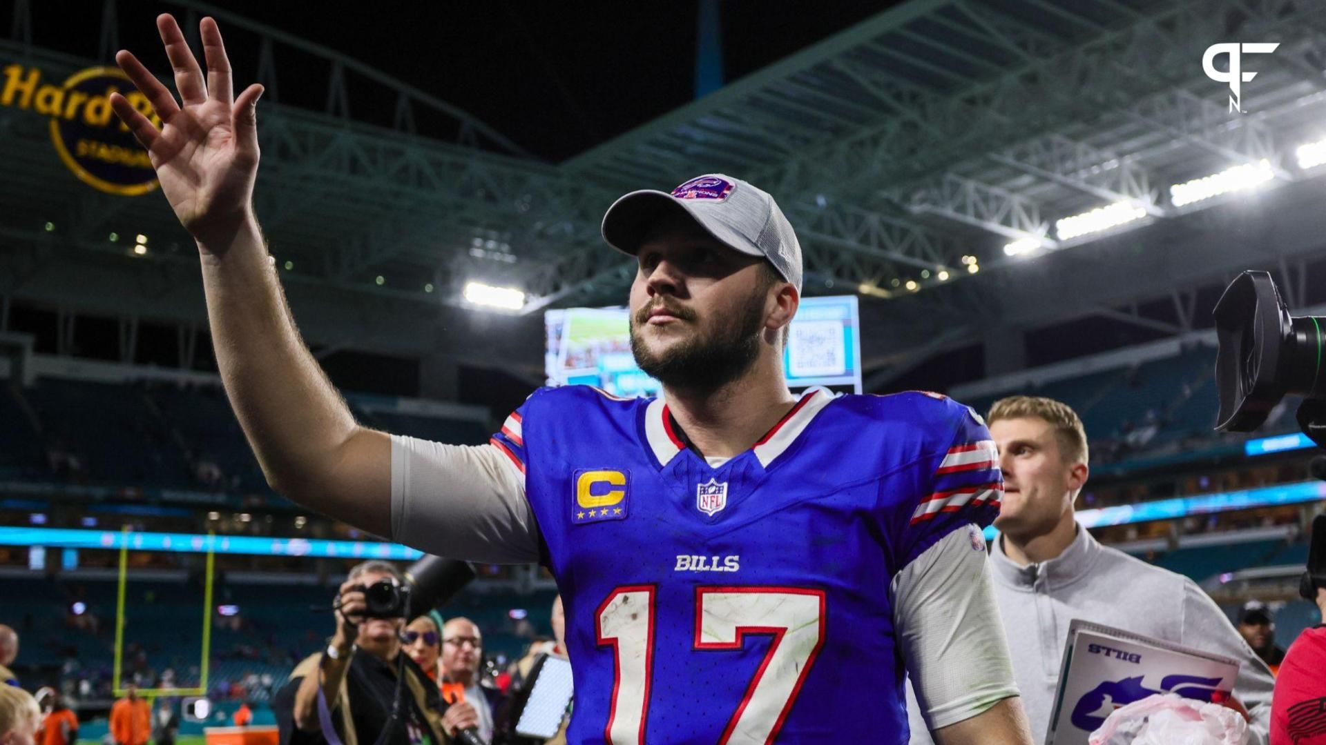 Buffalo Bills quarterback Josh Allen (17) reacts after the game against the Miami Dolphins at Hard Rock Stadium.