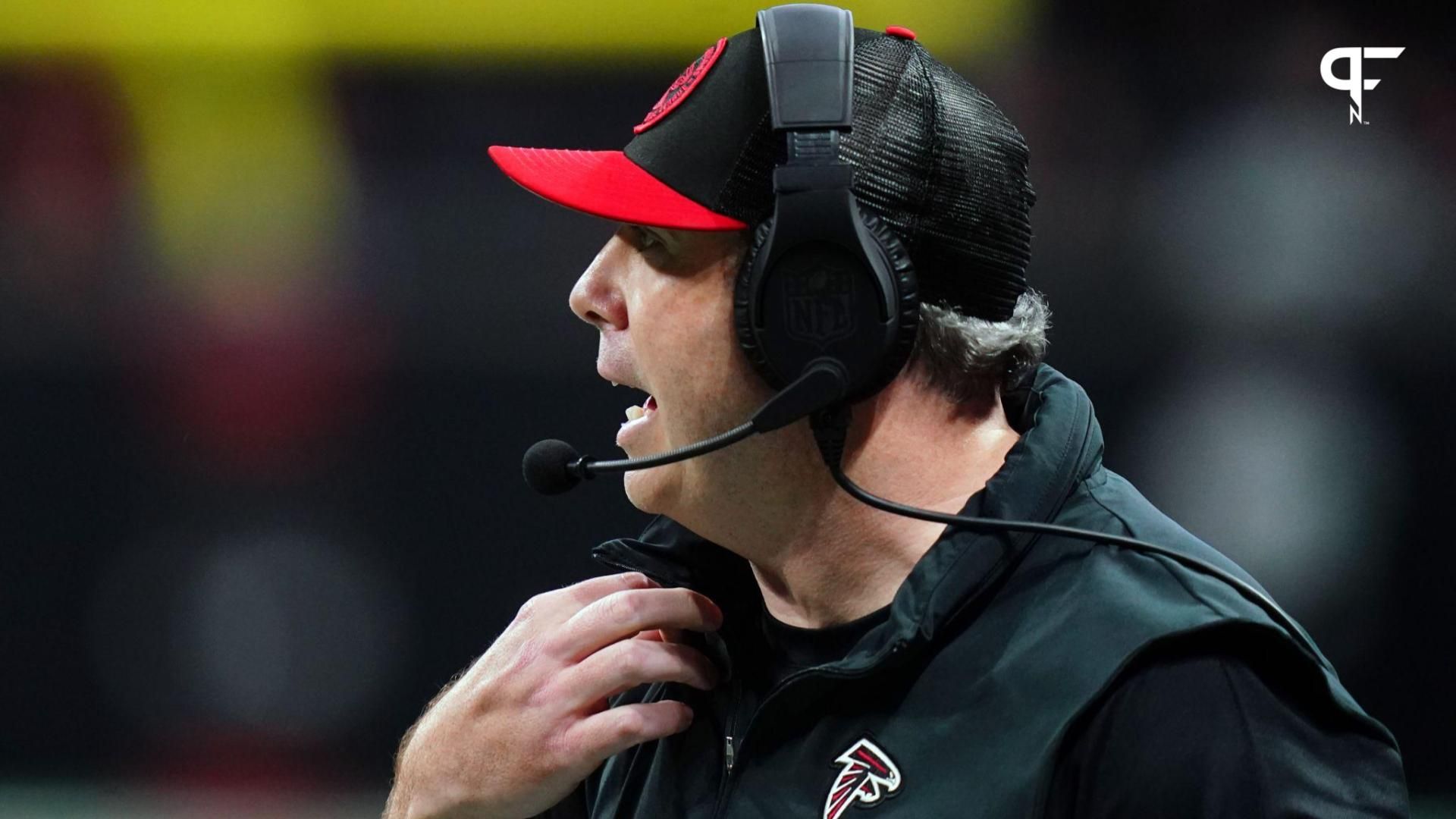 Atlanta Falcons head coach Arthur Smith shouts along the sidelines against the Indianapolis Colts during the first half at Mercedes-Benz Stadium.