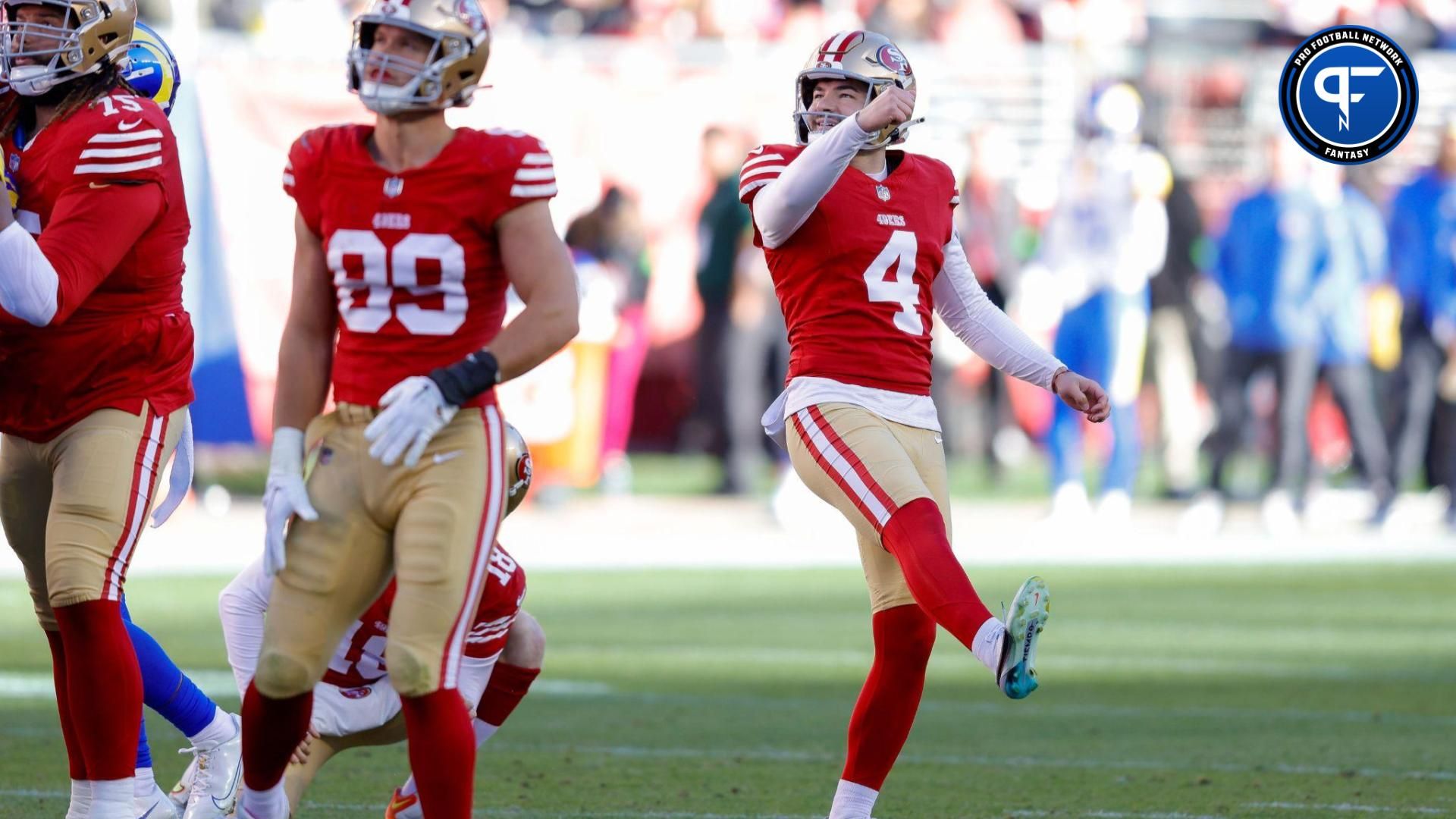 San Francisco 49ers kicker Jake Moody (4) kicks a field goal against the Los Angeles Rams.