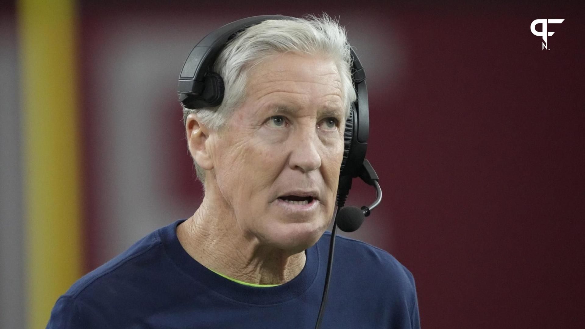 Seattle Seahawks head coach Pete Carroll looks toward the scoreboard during the third quarter against the Arizona Cardinals at State Farm Stadium.