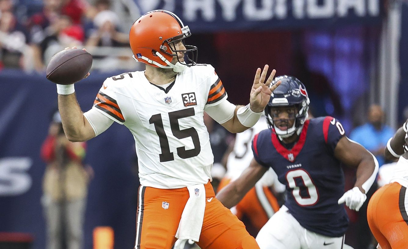 Cleveland Browns quarterback Joe Flacco (15) attempts a pass during the fourth quarter against the Houston Texans at NRG Stadium.