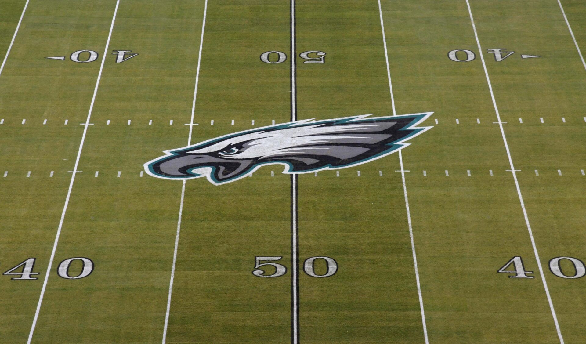 General overall view of the Philadelphia Eagles logo at midfield during an NFL football game between the Oakland Raiders and the Philadelphia Eagles at Lincoln Financial Field.