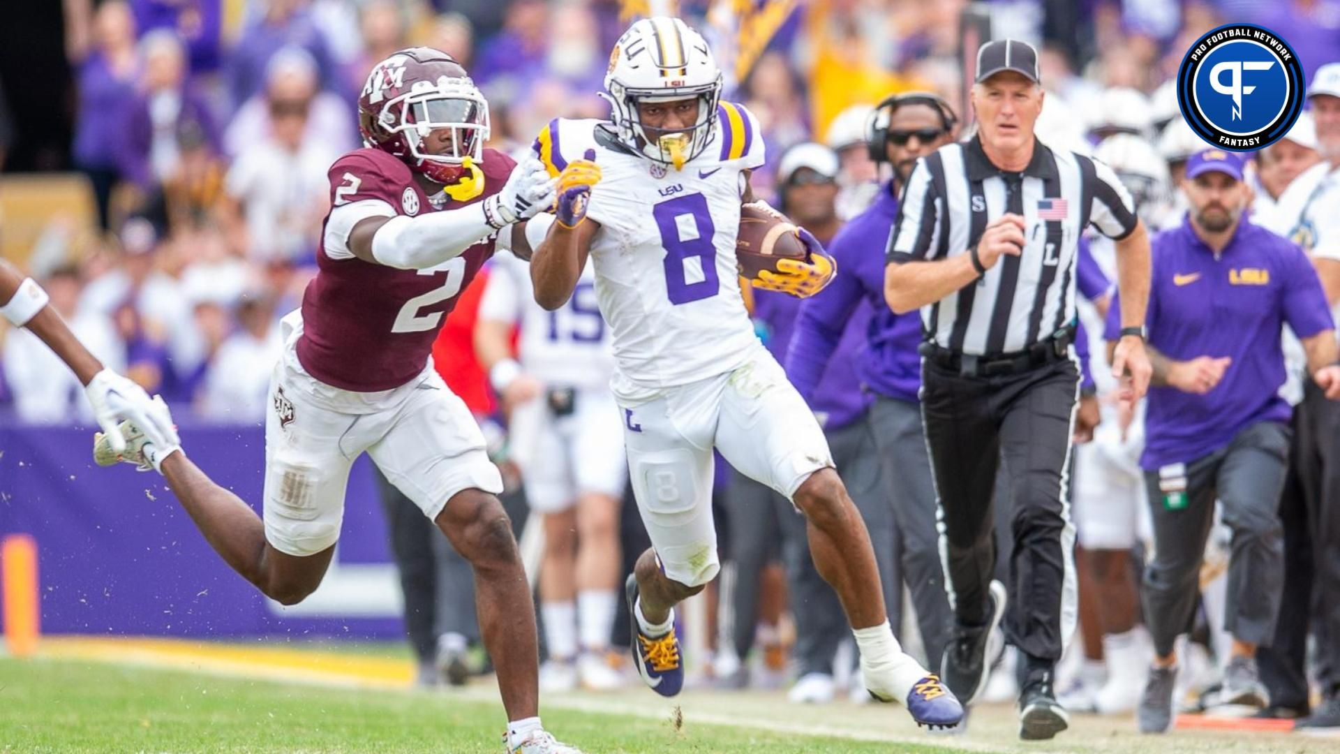 Malik Nabers 8 runs the ball as the LSU Tigers take on Texas A&M in Tiger Stadium in Baton Rouge, Louisiana, November 25, 2023.