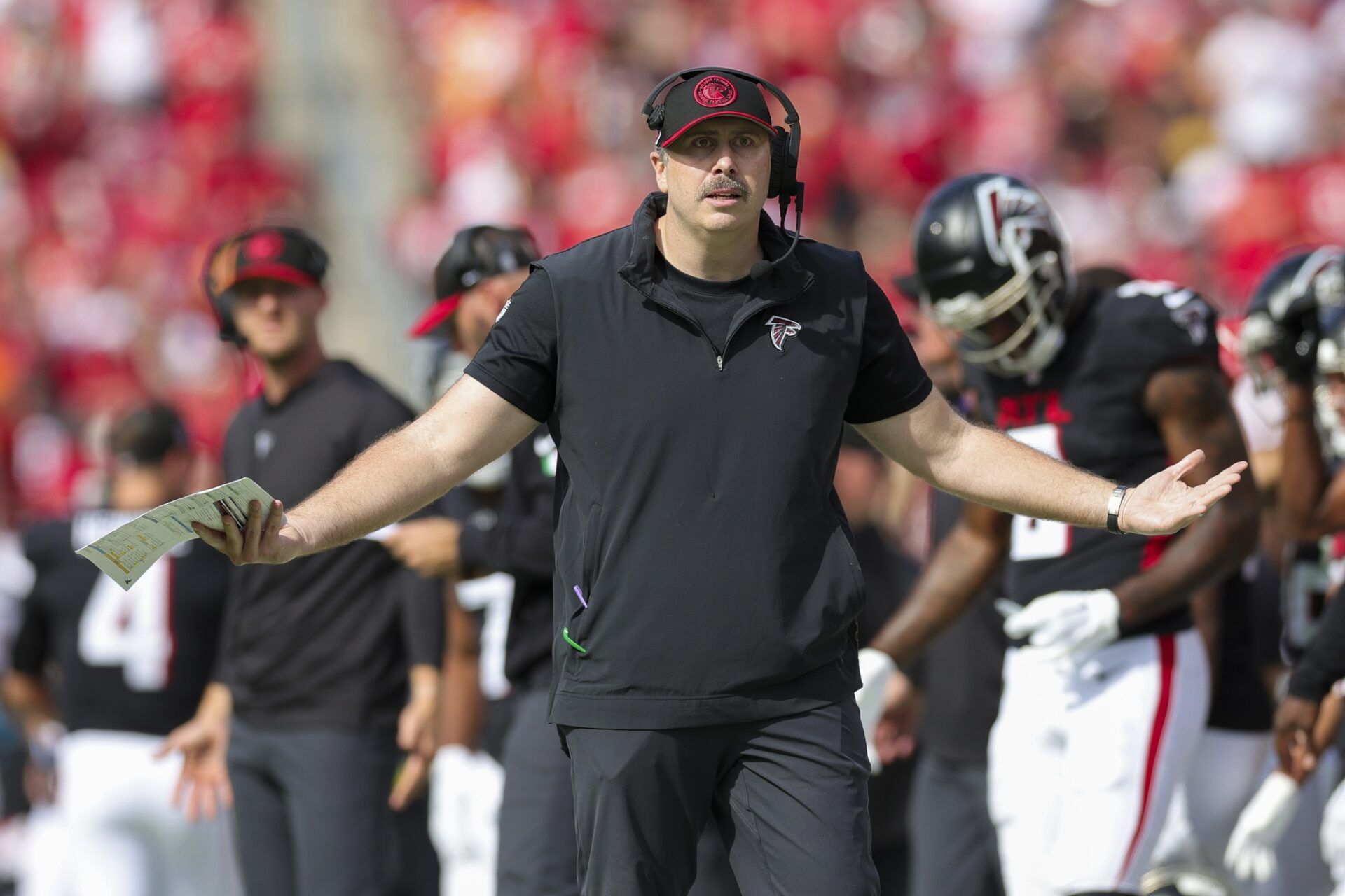 Atlanta Falcons head coach Arthur Smith reacts after a call by the officiating crew during a game against the Tampa Bay Buccaneers in the fourth quarter at Raymond James Stadium.