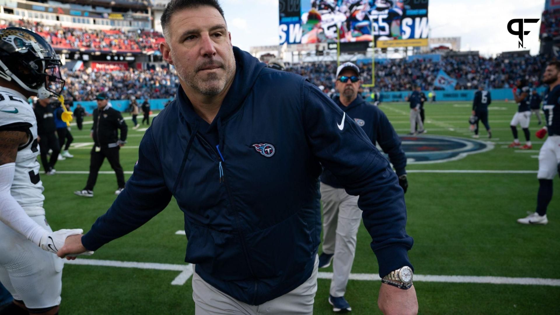 Tennessee Titans head coach Mike Vrabel heads off the field after the team's win over the Jacksonville Jaguars.