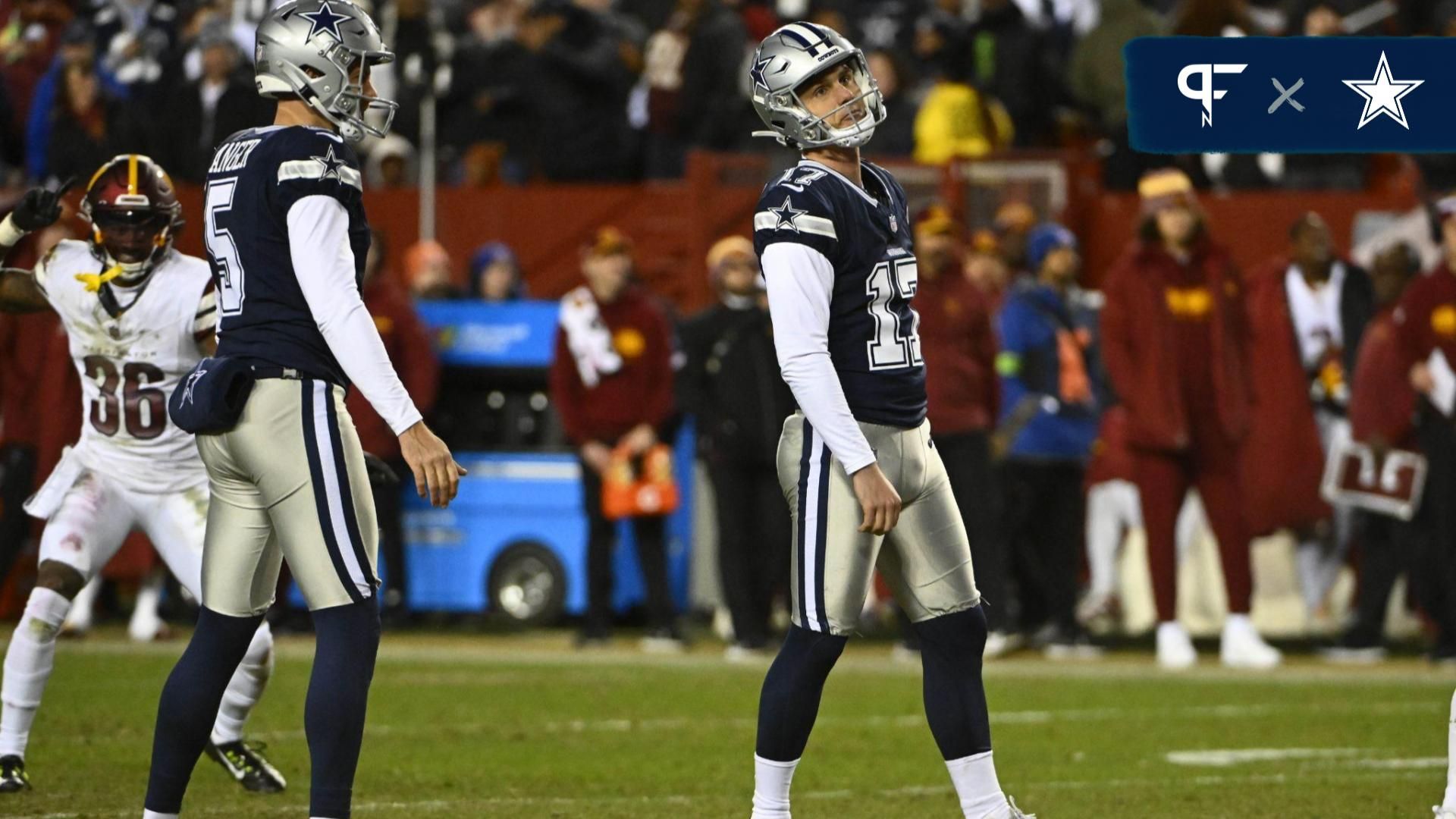 Dallas Cowboys place kicker Brandon Aubrey (17) reacts after missing a field goal against the Washington Commanders during the second half at FedExField.